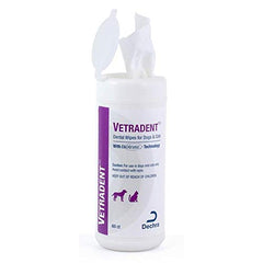 Close-up of Dechra Vetradent wipes being used for quick plaque care