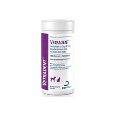 Dechra Vetradent wipes applied to a dog's teeth and gums for cleaner breath