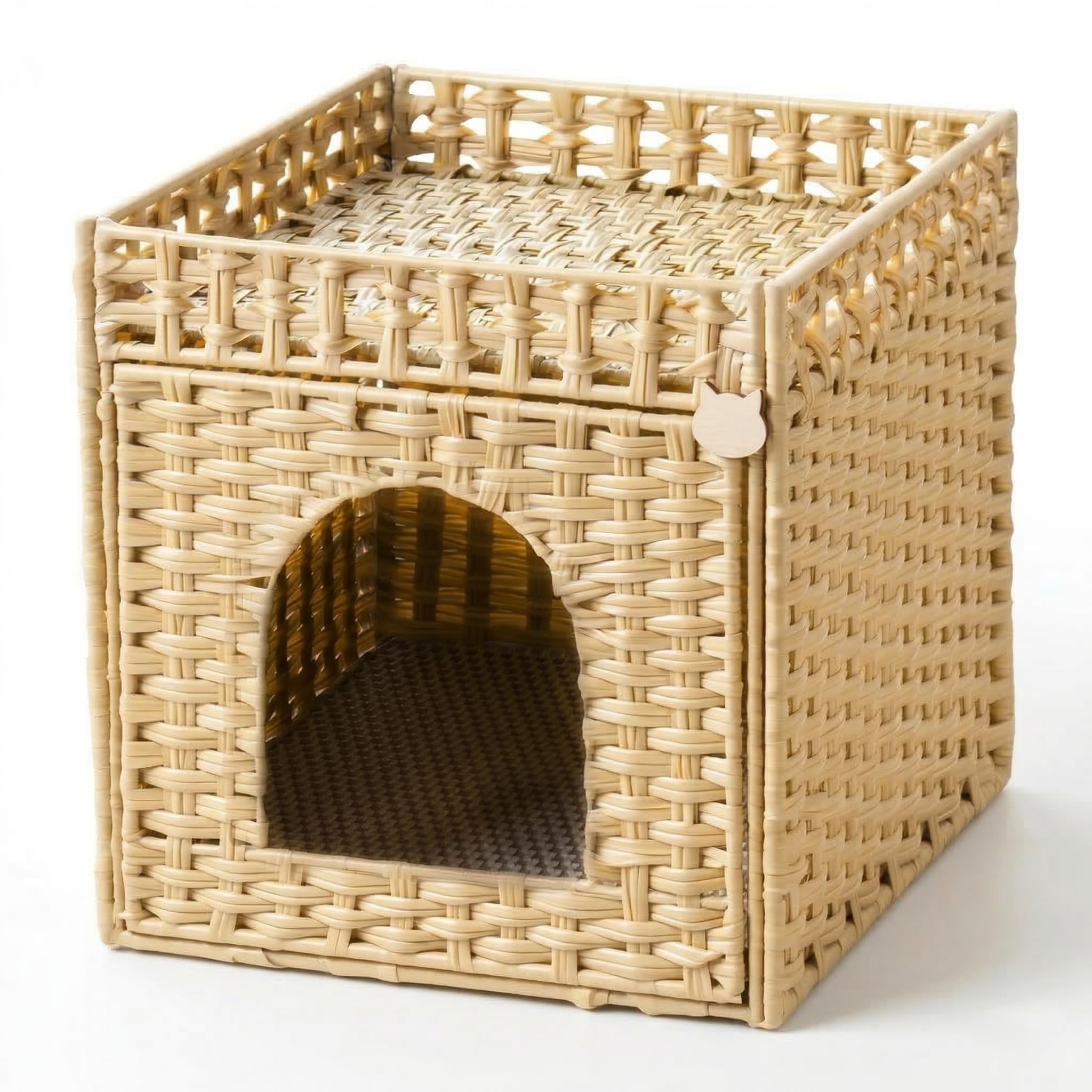 DeepRedCoast cat litter box enclosure front view with ventilated rattan design