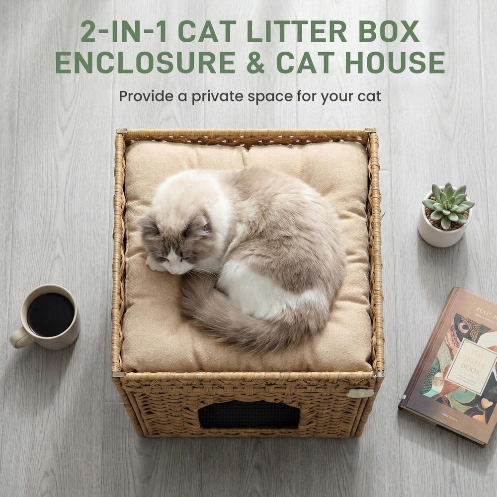 DeepRedCoast litter box enclosure side view showing hidden waste and tidy space