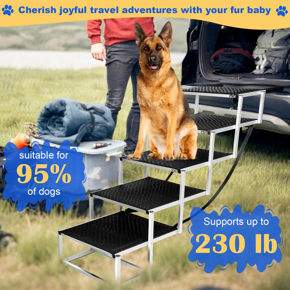 DeerGym in-use illustrates pets stepping into a tall vehicle with ease.