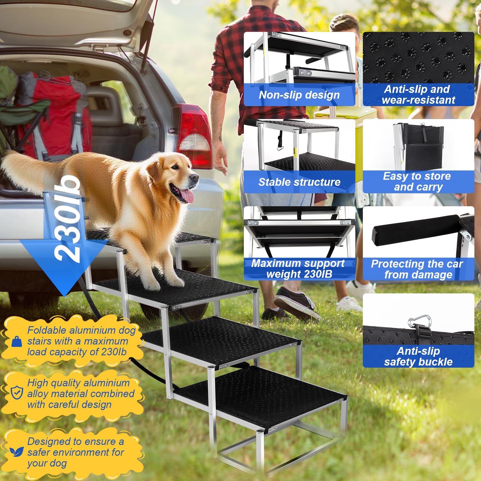 DeerGym extra-wide 18.7-inch steps help tall dogs reach trucks safely.