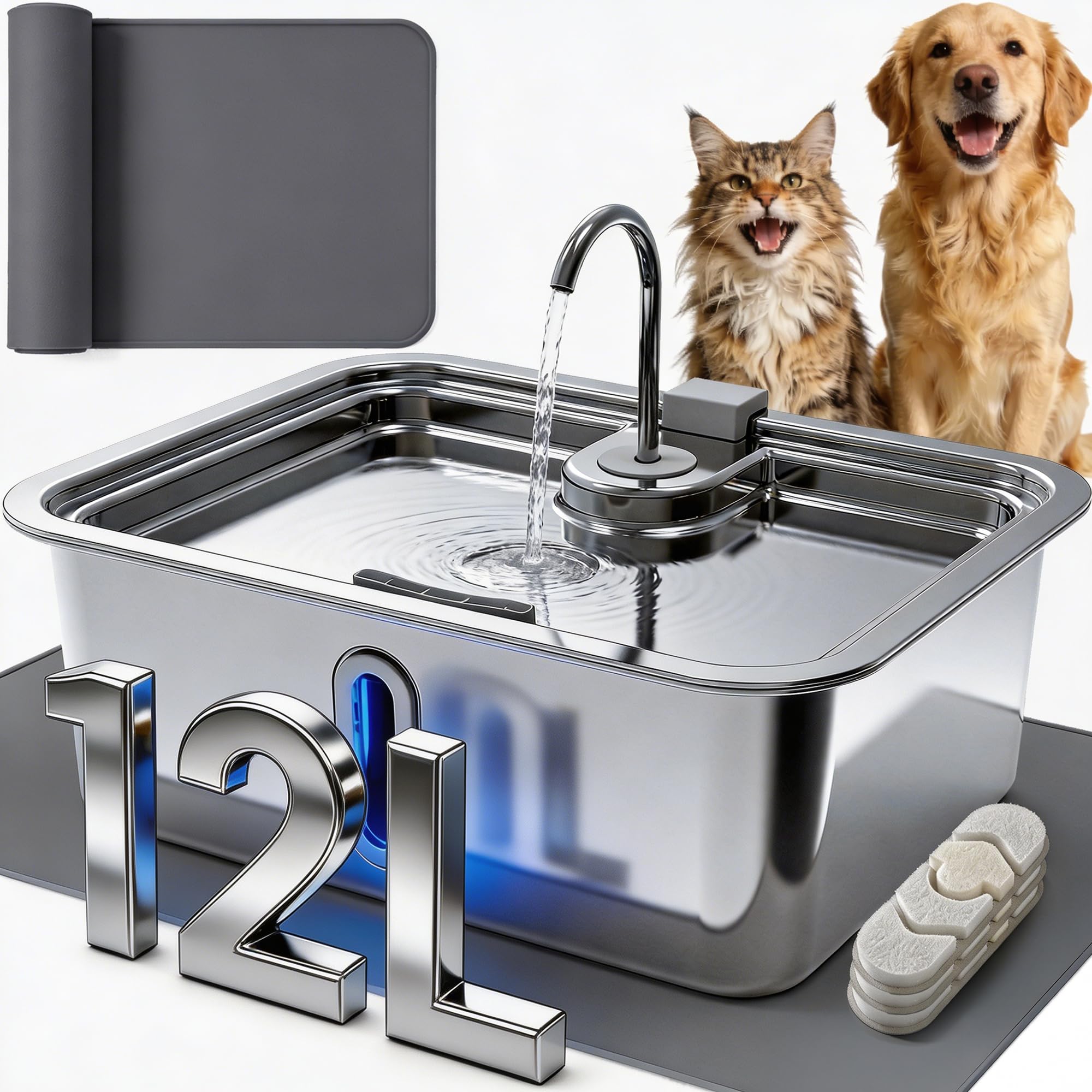 DeftPet 12L dog water fountain with clear tank for easy hydration checks.