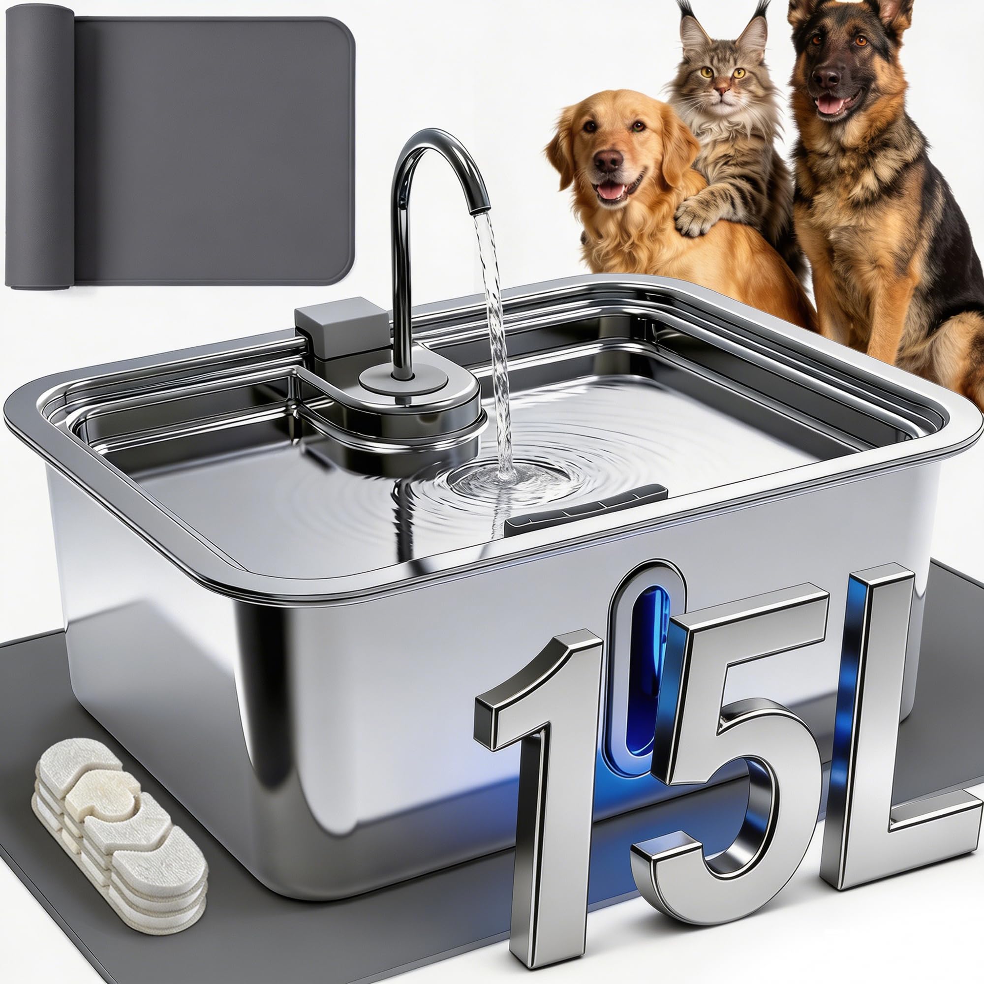 DeftPet 15L fountain with visible window for quick water checks.