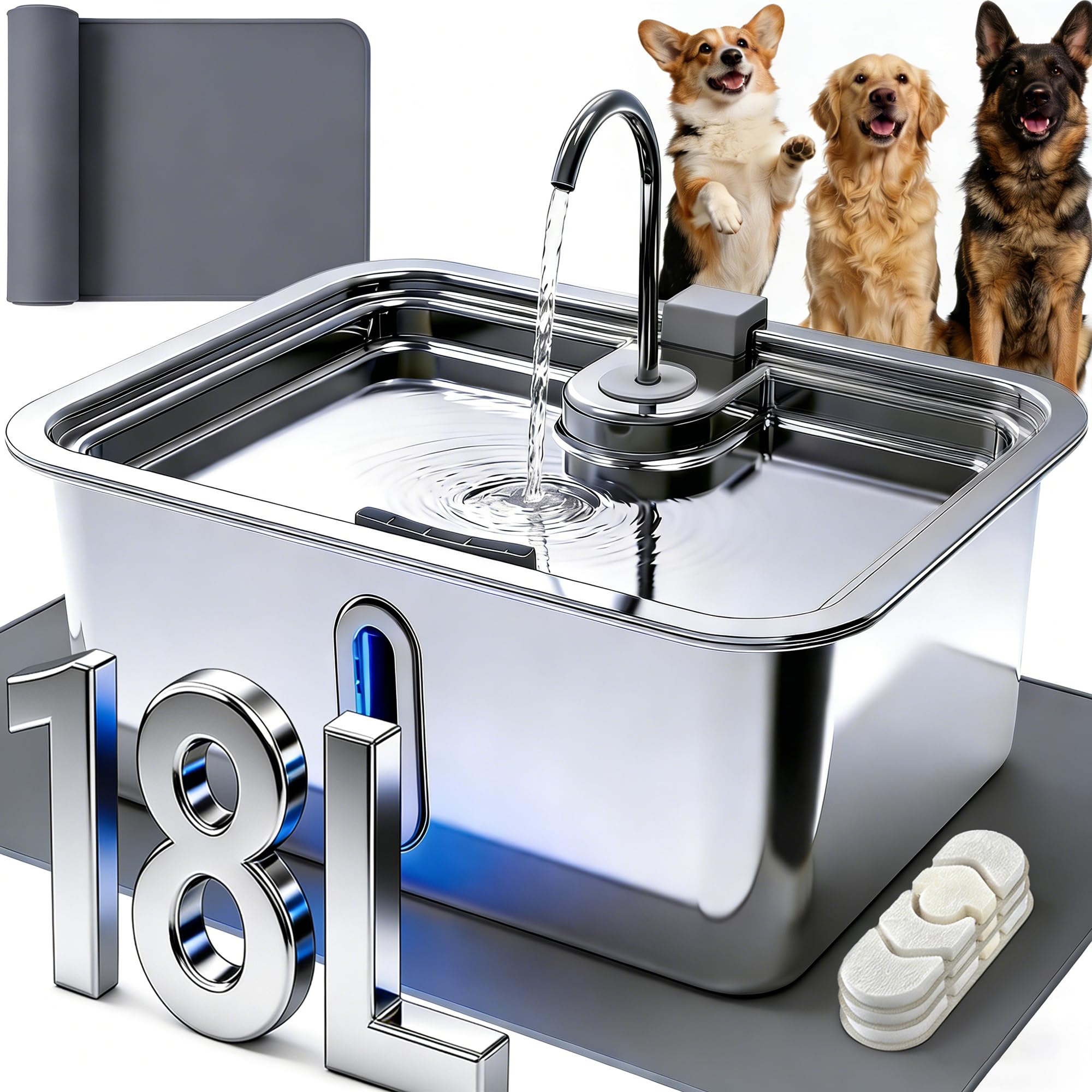 DeftPet 18L water fountain for giant dogs, showcasing generous capacity for multi-pet homes.