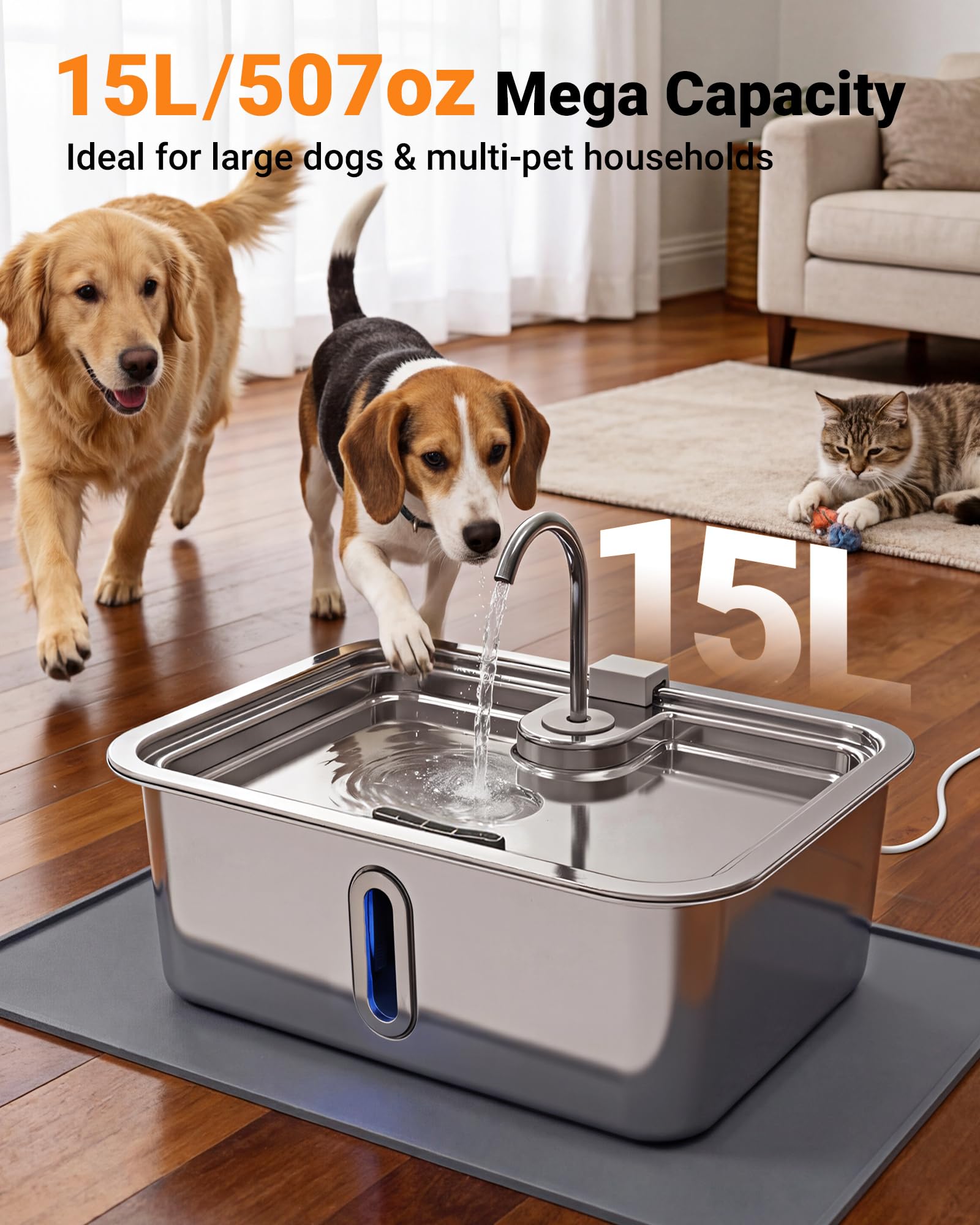 DeftPet large dog fountain with quiet pump for calm indoor use.