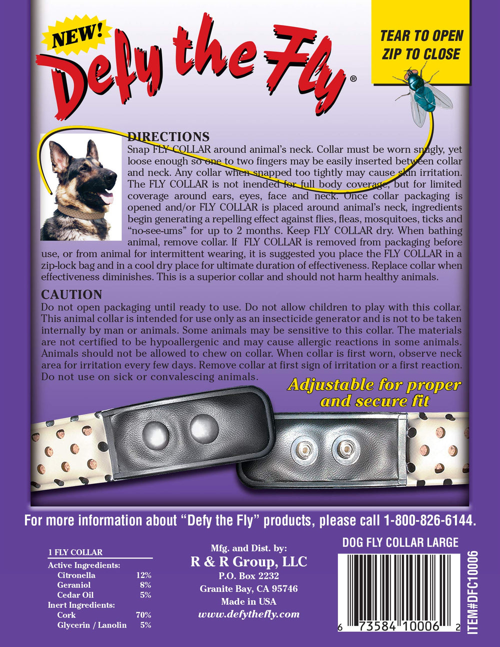 Defy The Fly dog collar adjustable snap-on strap highlights easy fit and secure wear.