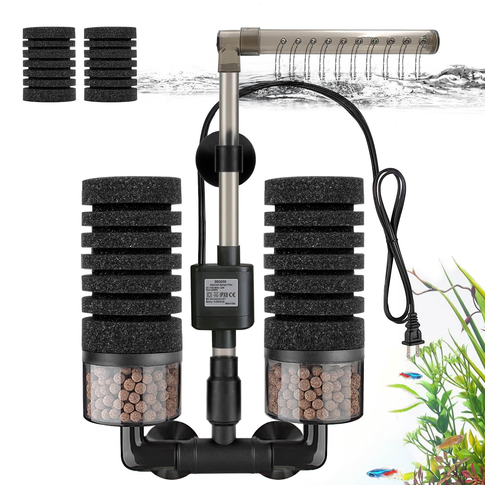 DEGGOX sponge filter with venturi nozzle delivering gentle flow for shrimp fry