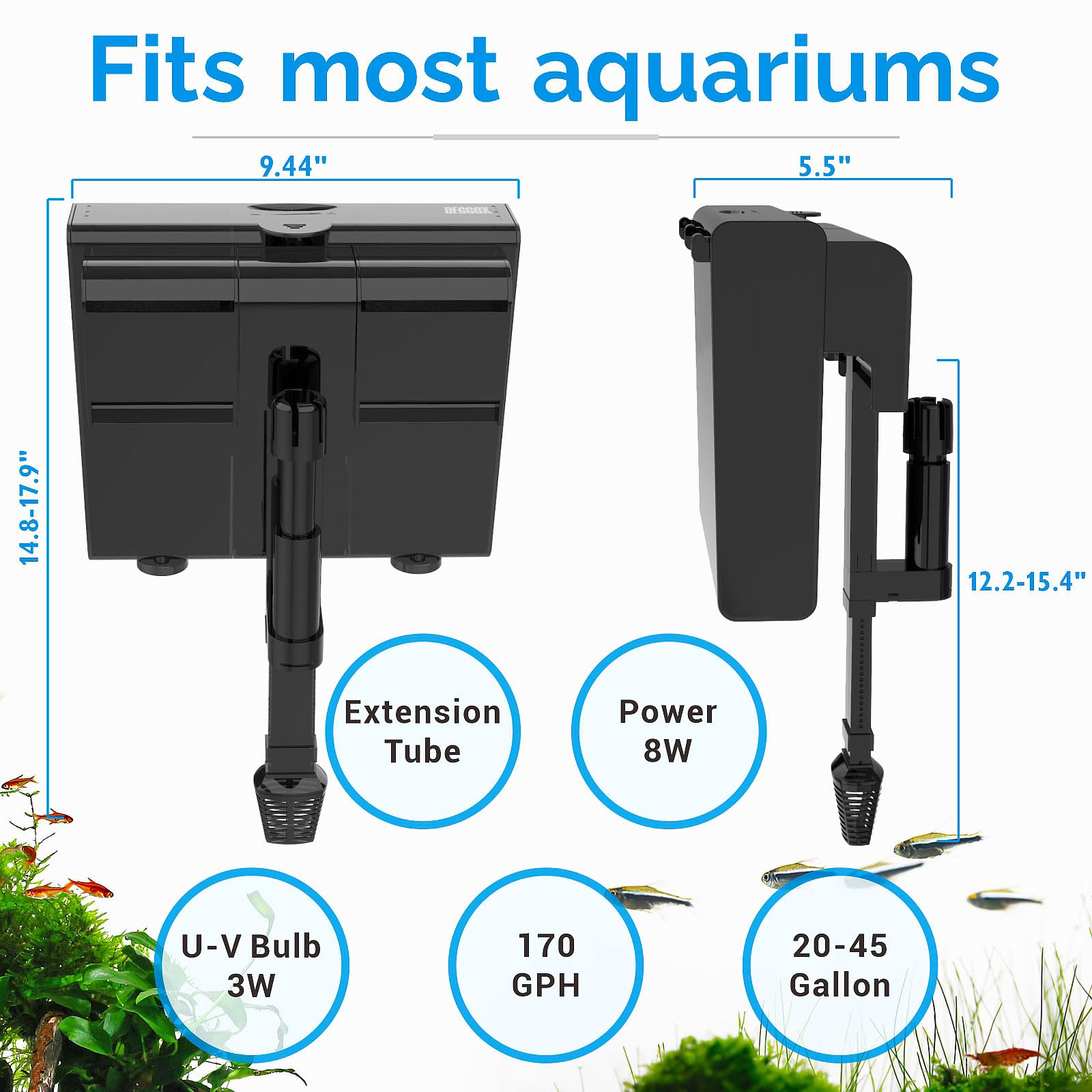 DEGGOX HOB filter with surface skimmer removes surface oils for cleaner water surface