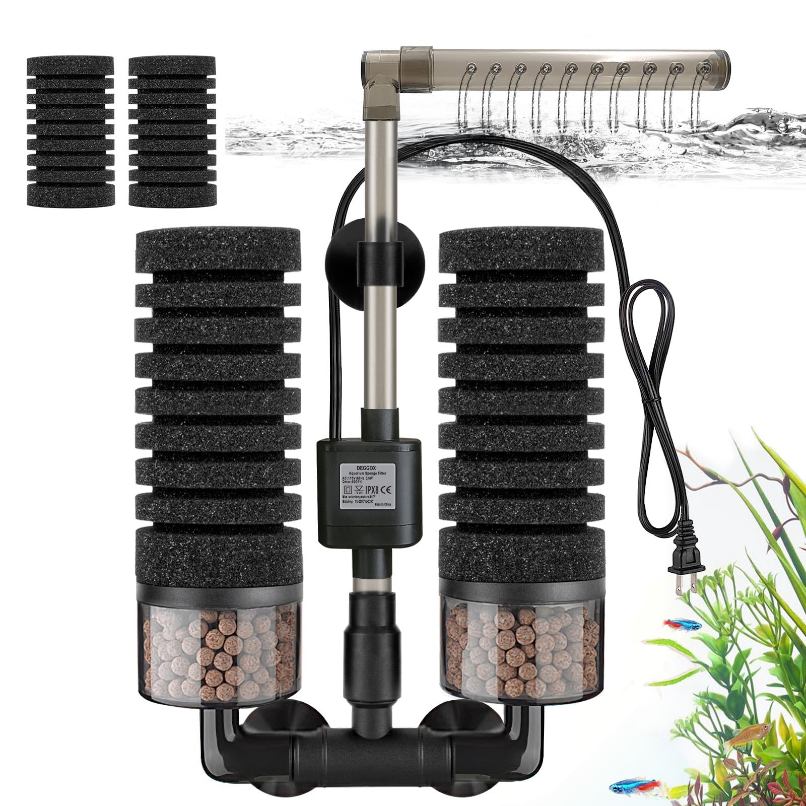 DEGGOX upgrade sponge filter showing venturi nozzle for gentle water flow