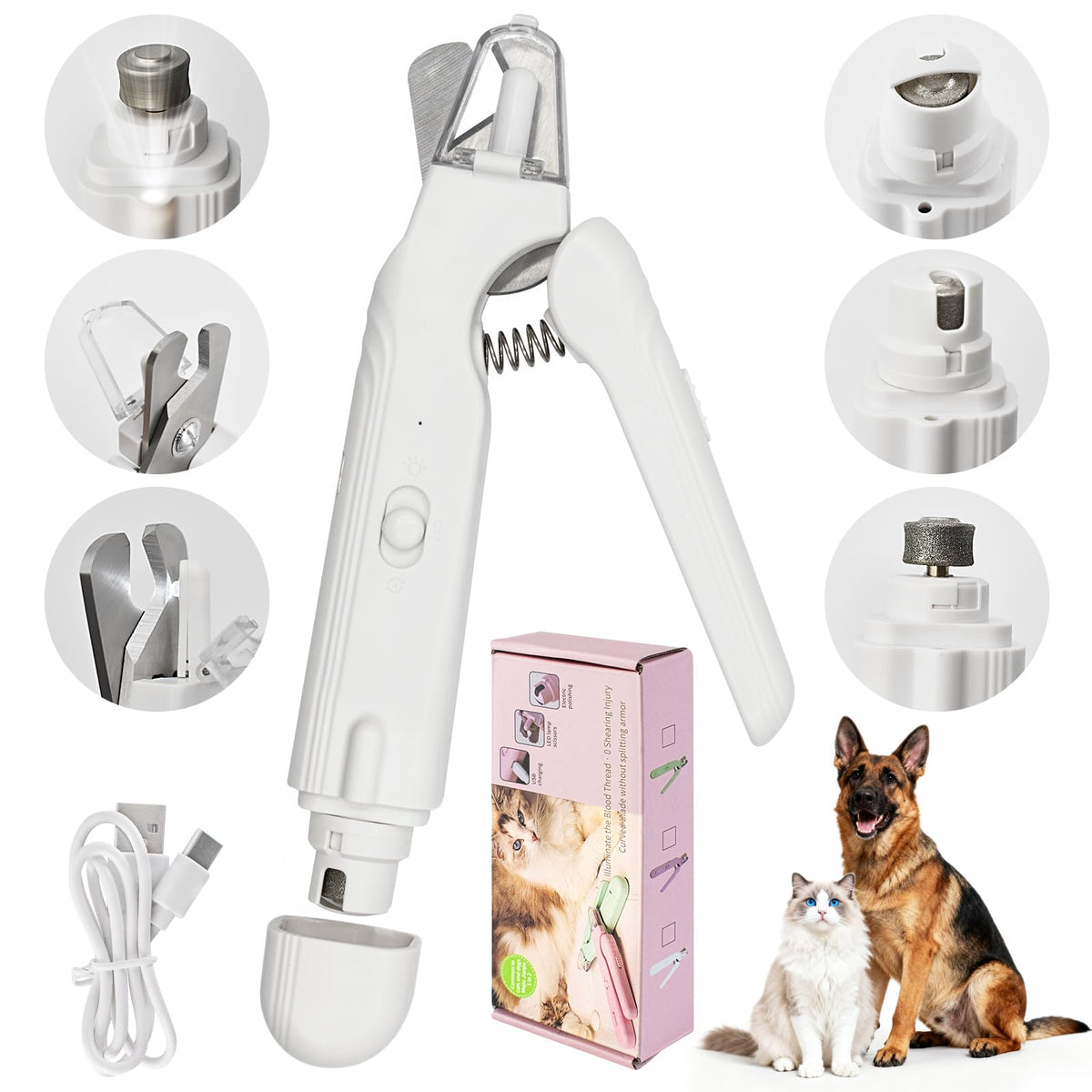 Deisunpet 2-in-1 LED nail clipper shows precise trimming with built-in LEDs for safer grooming.