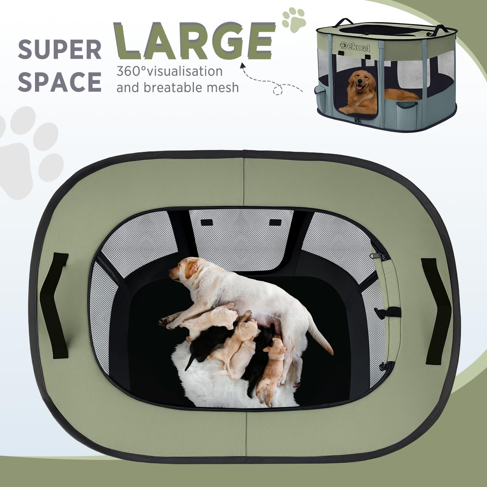 Dekool foldable playpen with carrying case for travel convenience.