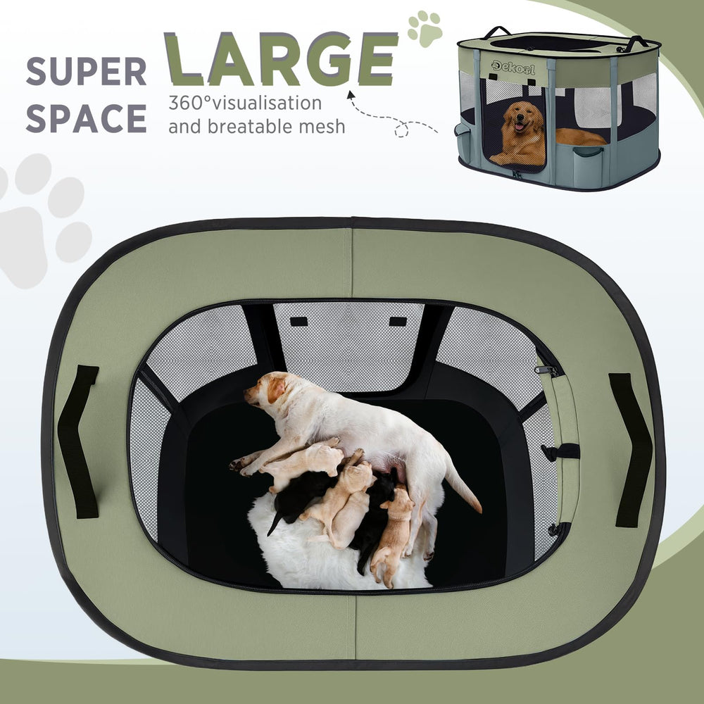 Dekool foldable playpen with carrying case for travel convenience.