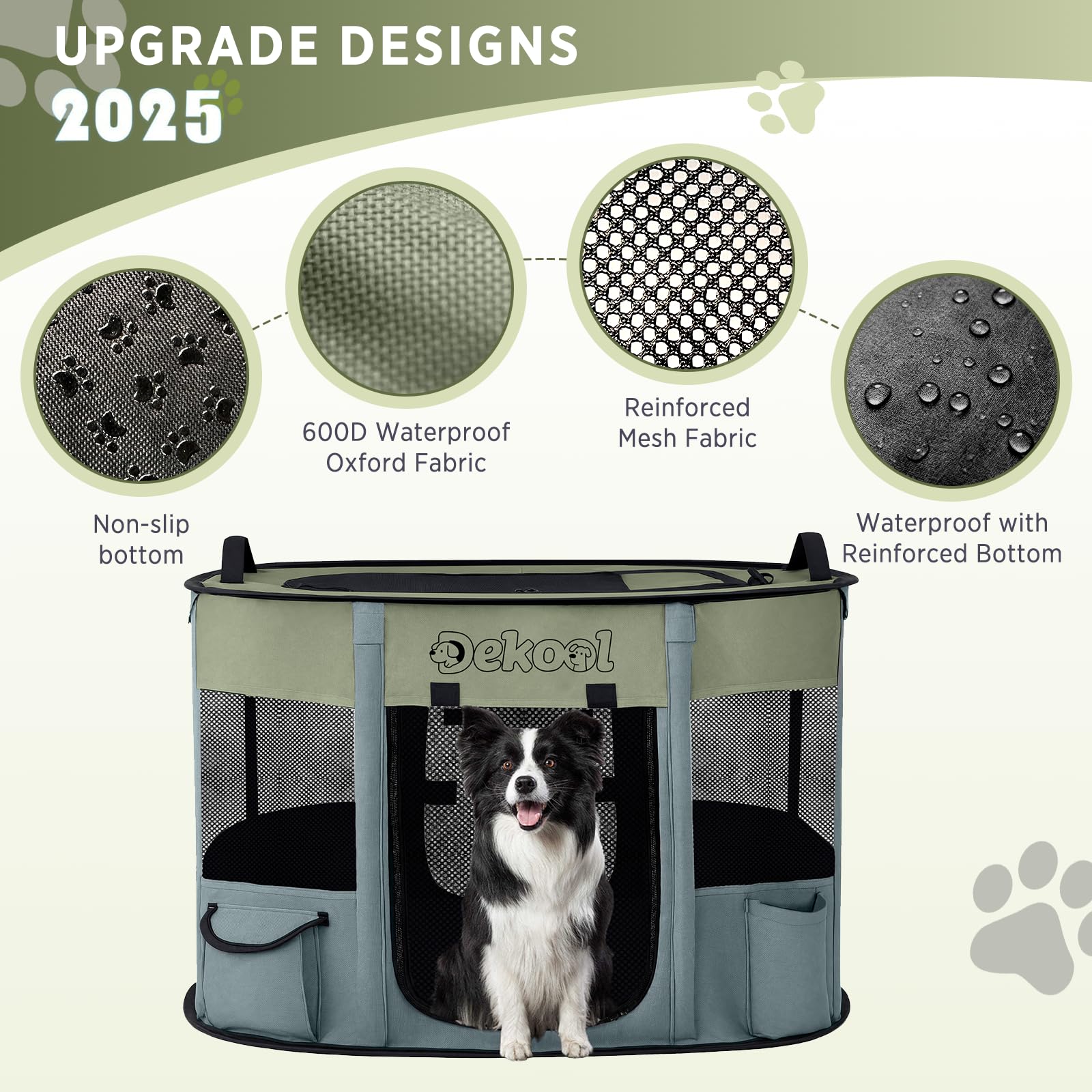 Dekool foldable playpen reinforced mesh for durability.