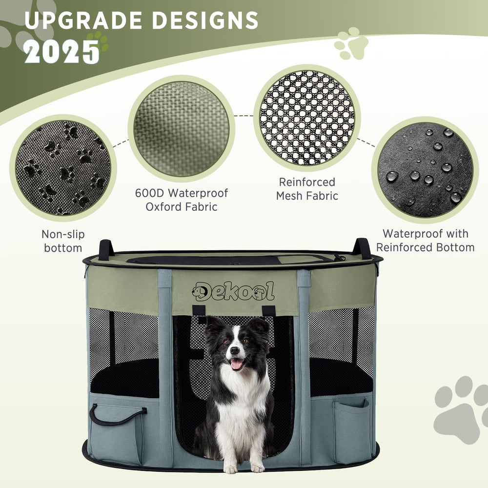 Dekool foldable playpen reinforced mesh for durability.
