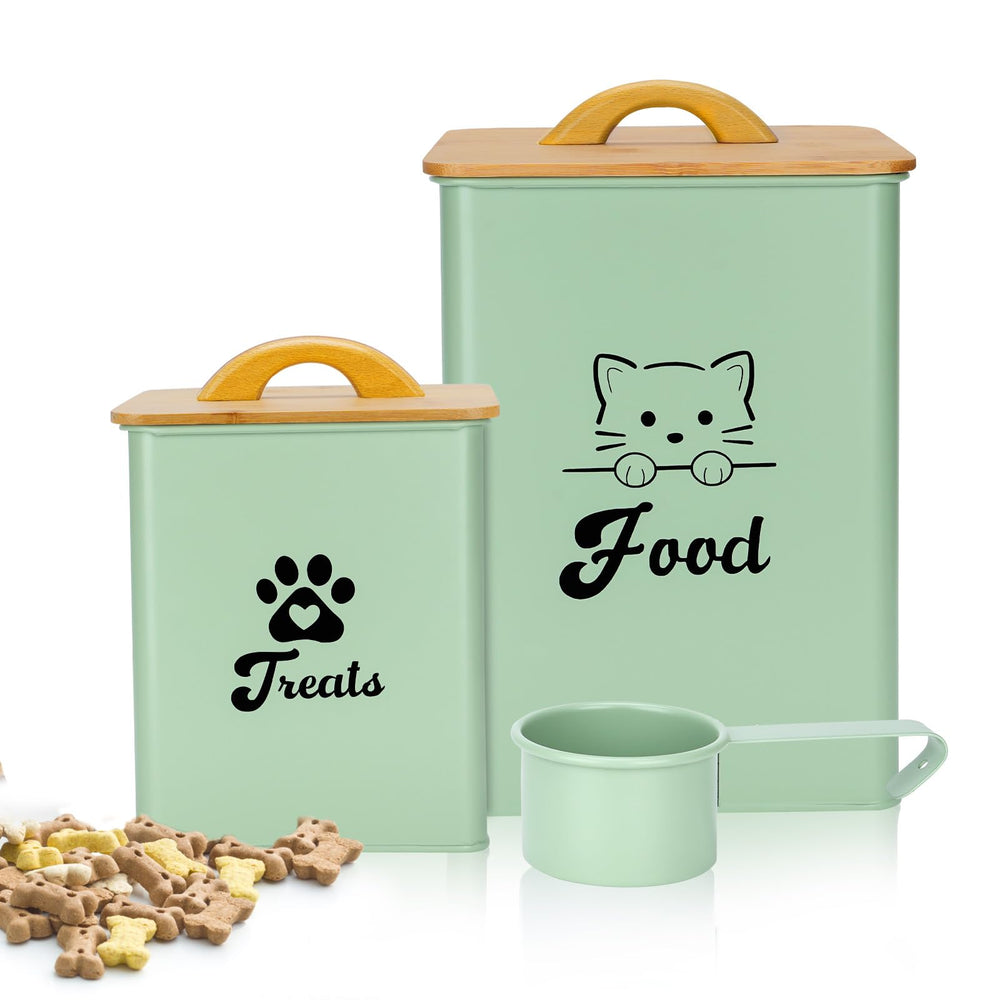 Dekosilave two-pack cat food storage containers with airtight lids on counter for freshness