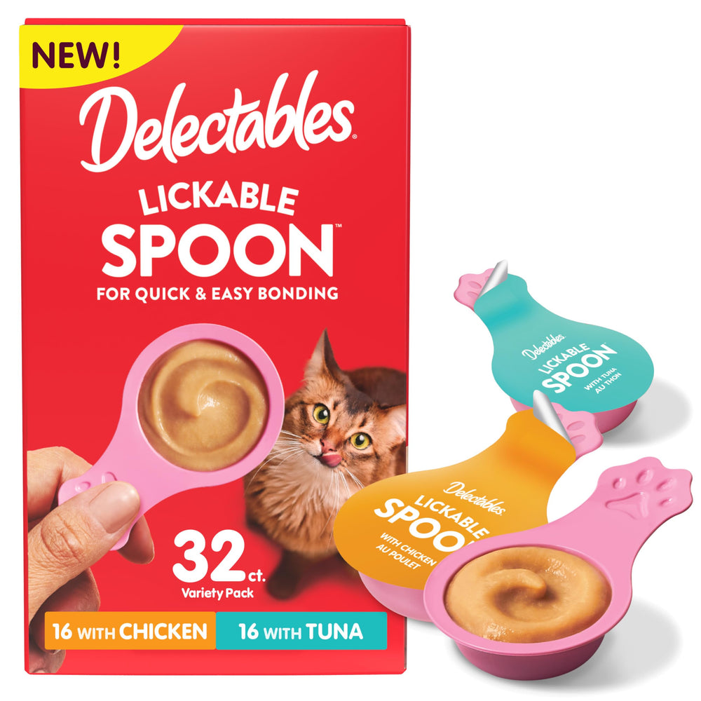 Delectables Lickable Spoon handheld cat treats for mess-free bonding.