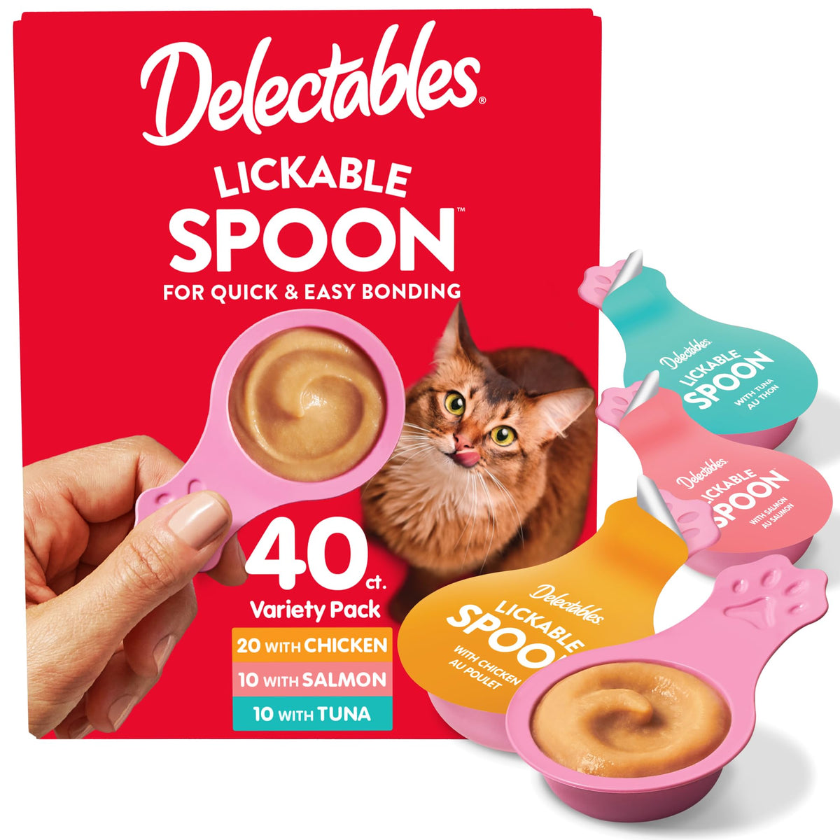 Delectables Lickable Spoon packaging highlighting mess-free cat treats for quick bonding.