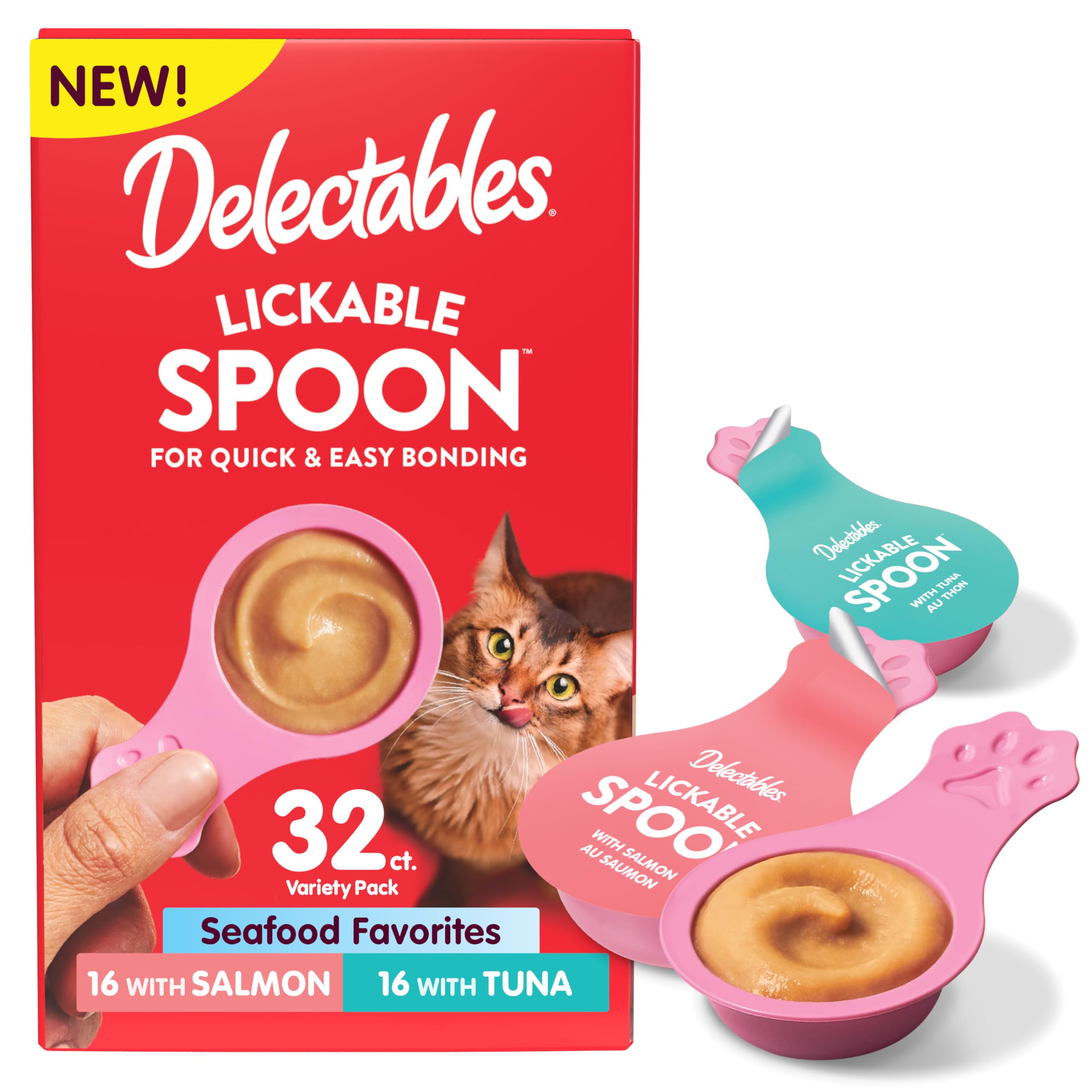 Delectables lickable spoon salmon puree for easy bonding with your cat.