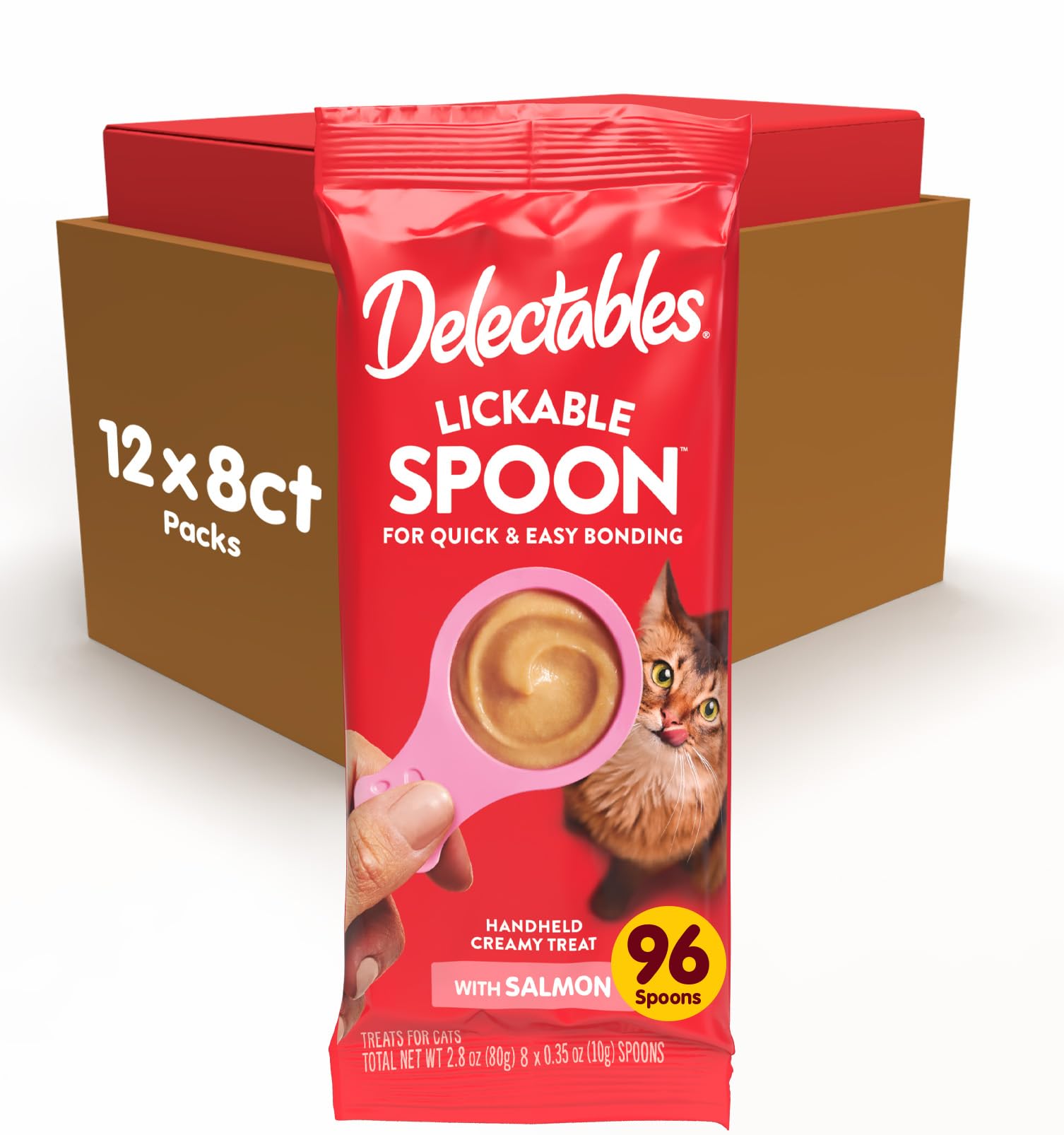 Delectables Lickable Spoon salmon handheld close-up for mess-free bonding with your cat