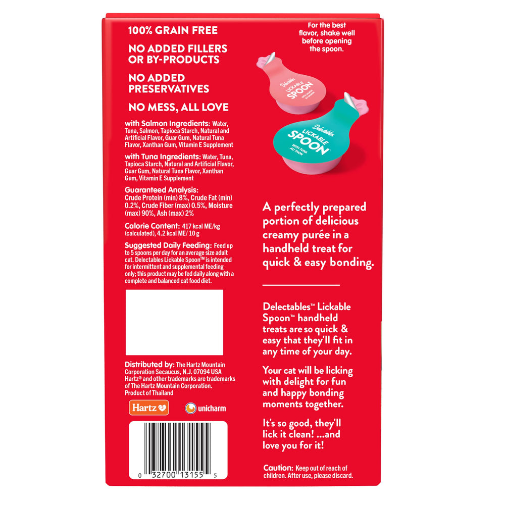 Delectables lickable spoon variety pack features salmon and tuna flavors.