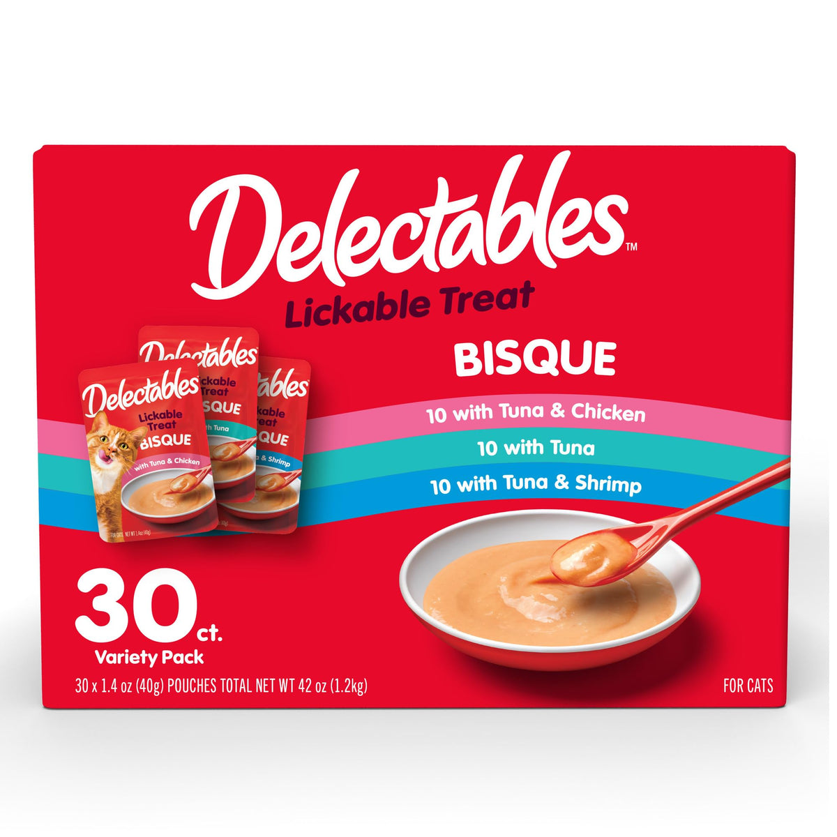 Delectables lickable bisque pouches, convenient cat treats for hydration and quick toppers.