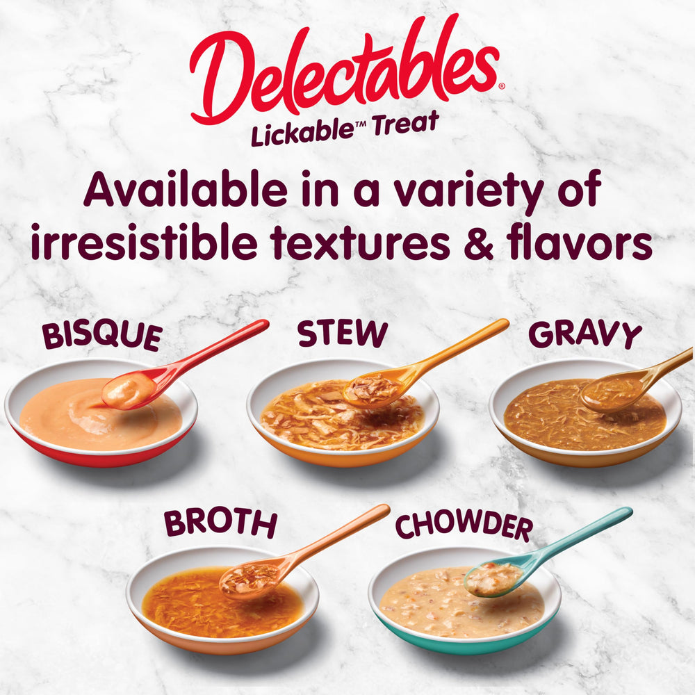 Delectables no-fillers by-products-free bisque label, high-quality ingredients for everyday rewards.