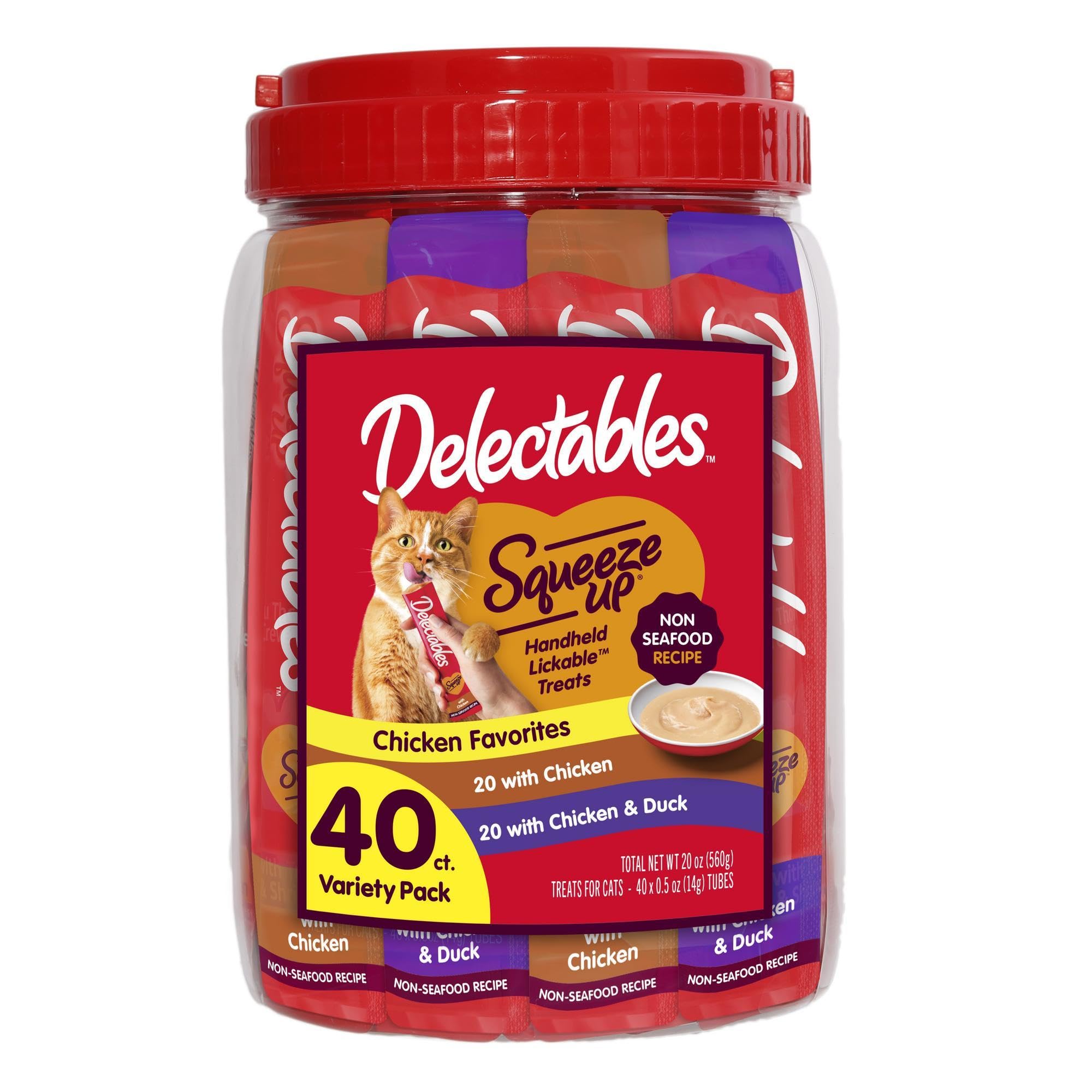 Delectables Squeeze Up chicken variety tubes in a 40-pack for convenient hydration and bonding.