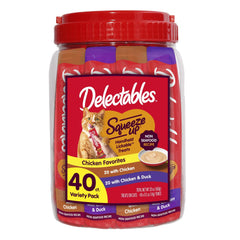 Delectables Squeeze Up chicken variety tubes in a 40-pack for convenient hydration and bonding.