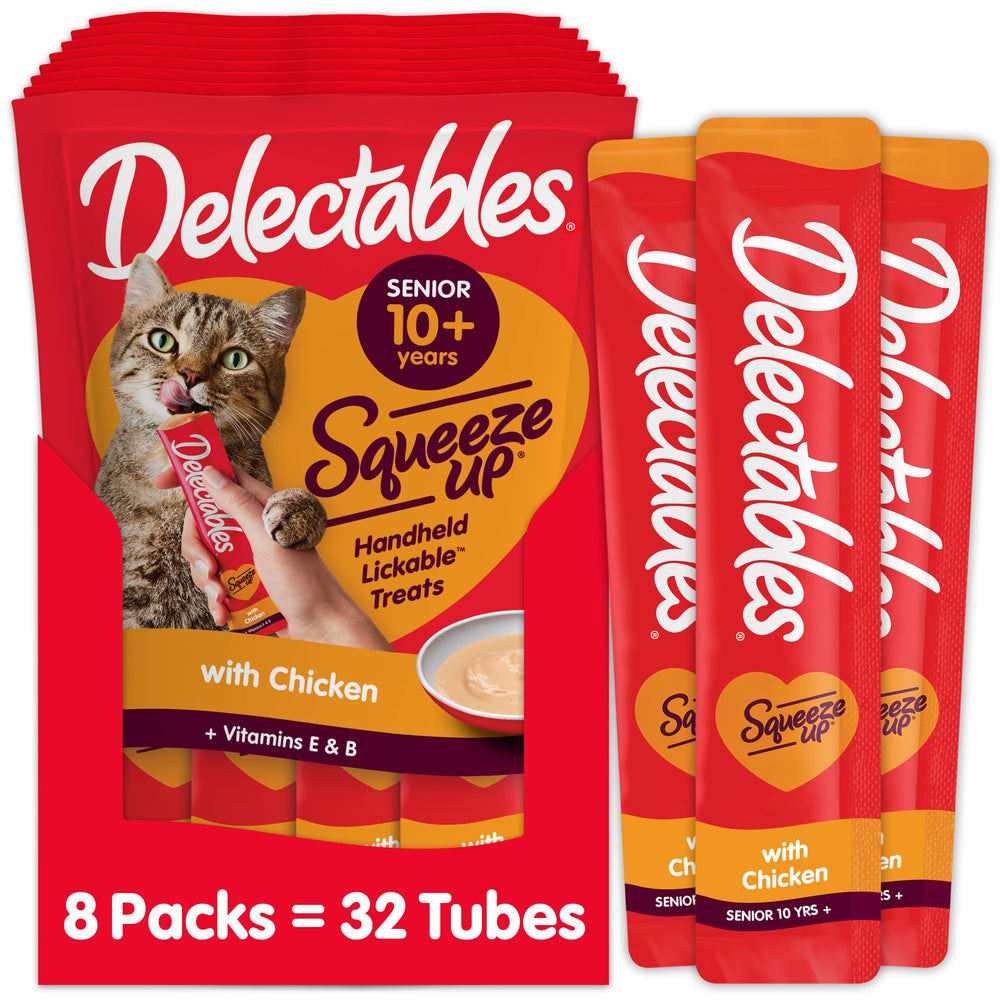 Delectables Squeeze Up senior chicken tube closeup shows creamy texture ideal for soft treats