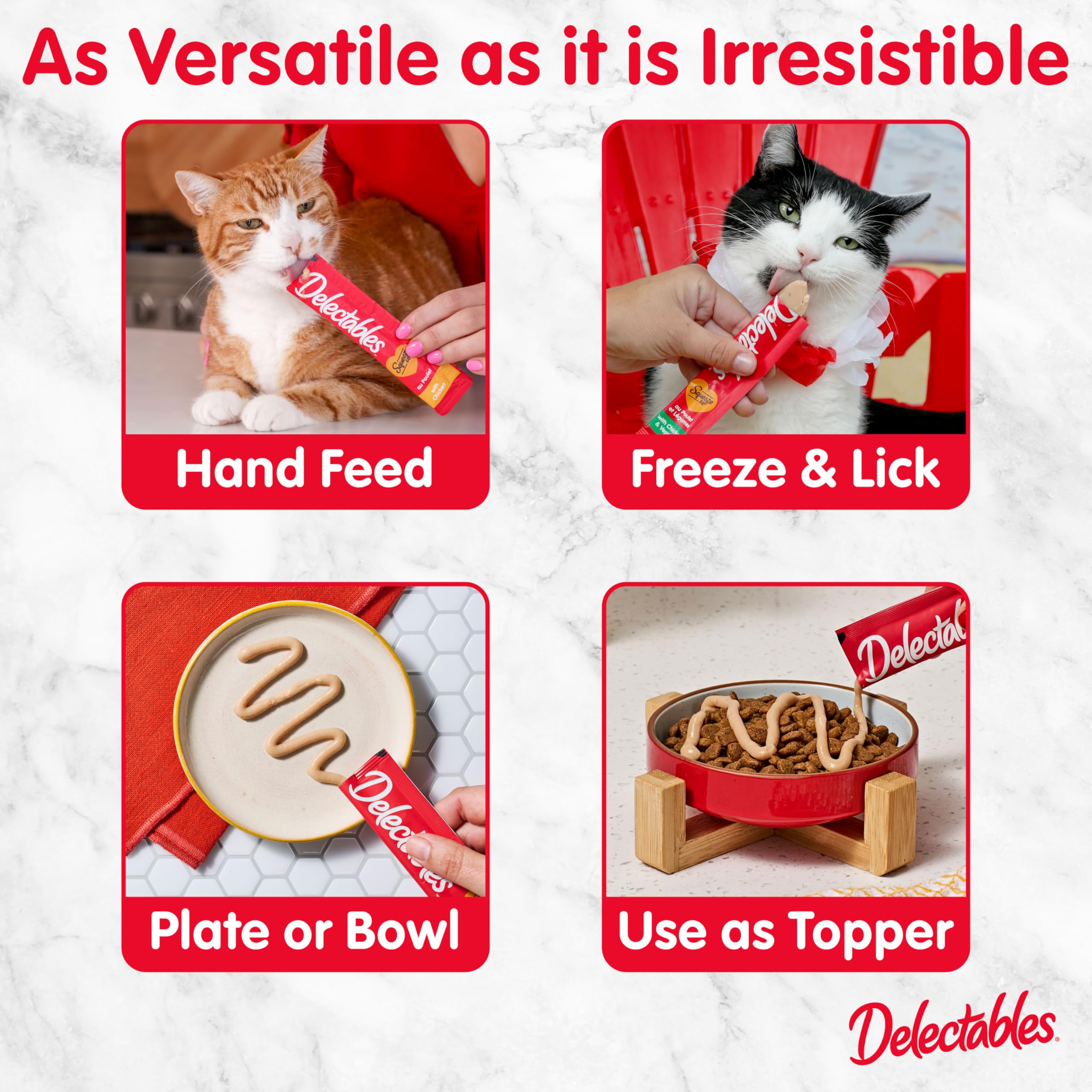 Delectables Squeeze Up grain-free formula with no fillers keeps treats pure and simple.