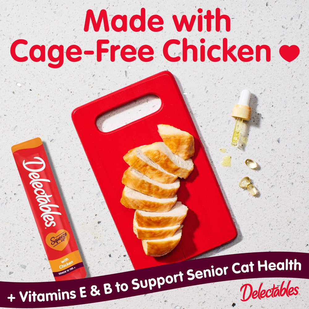 Delectables Squeeze Up handheld treat encourages bonding with a moist senior chicken puree