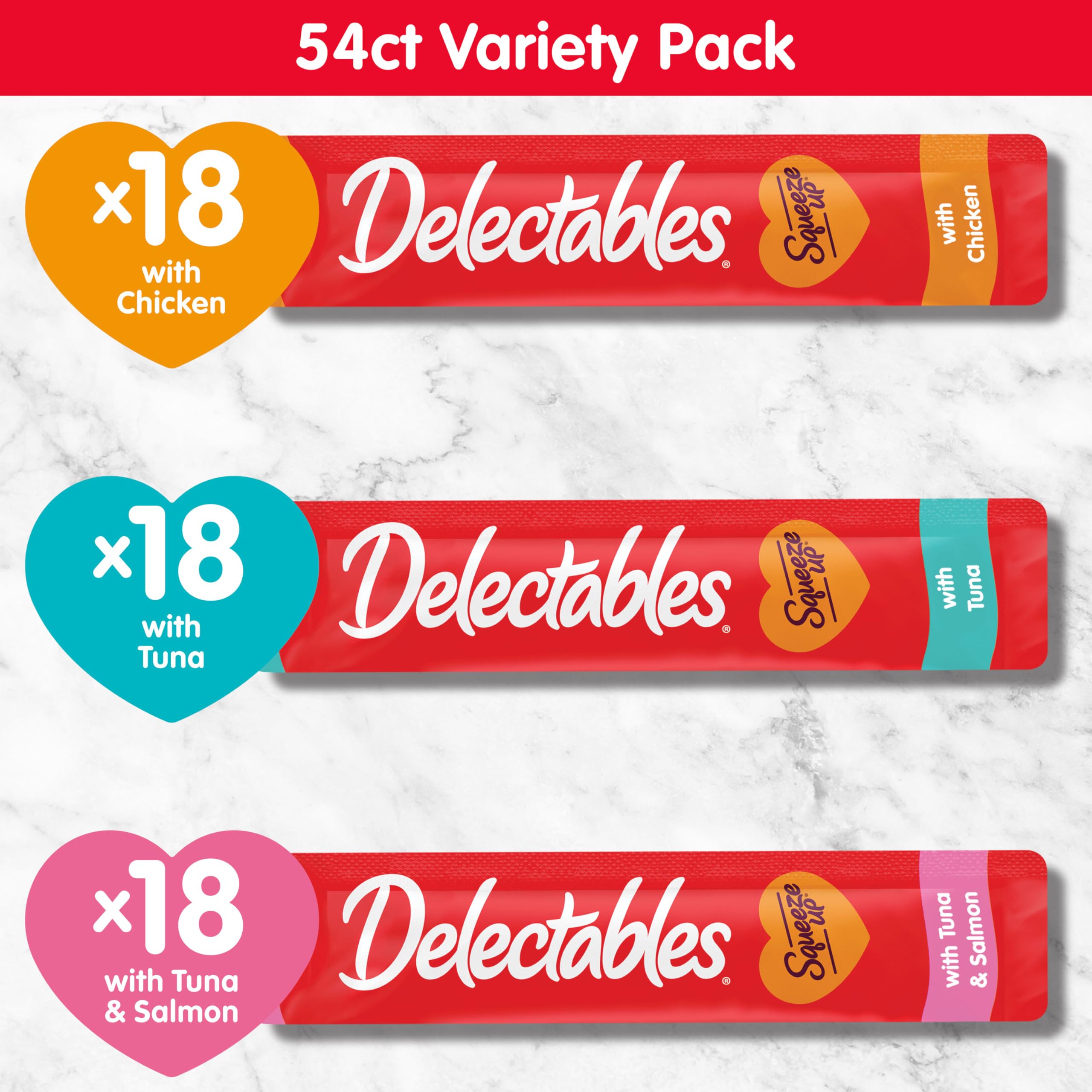 Premium ingredients emphasize protein quality for healthy, happy cats enjoying Delectables Squeeze Up.