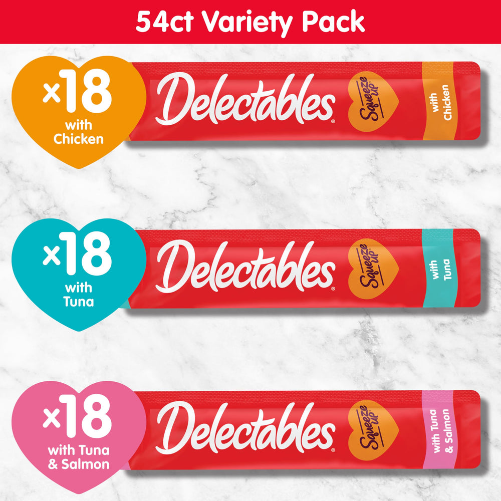 Premium ingredients emphasize protein quality for healthy, happy cats enjoying Delectables Squeeze Up.
