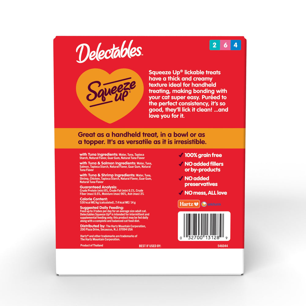 Delectables Squeeze Up tubes dispensing action, mess-free interactive treat.