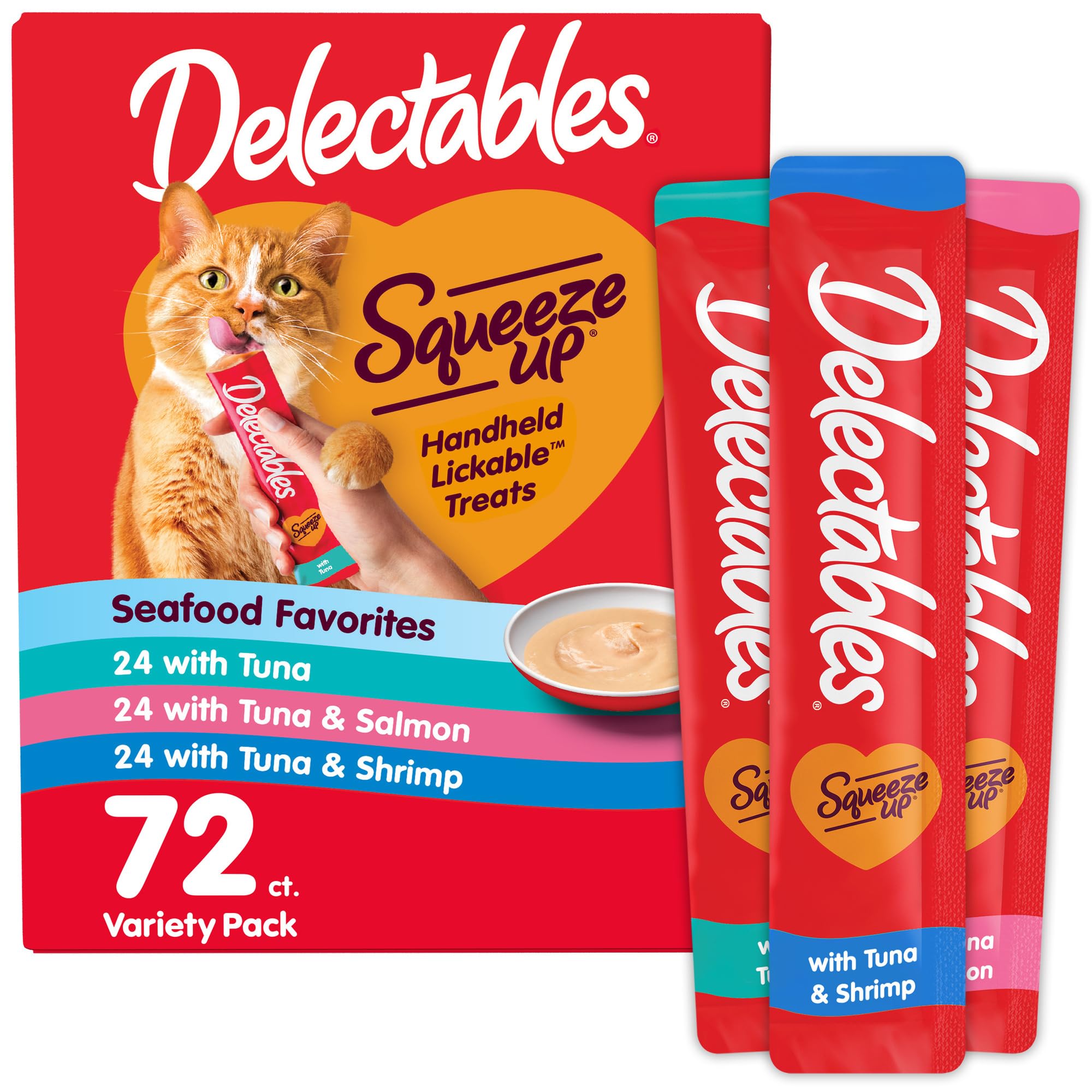 Delectables Squeeze Up seafood tubes, front view, creamy purée boosts hydration.