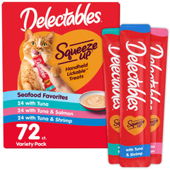 Delectables Squeeze Up seafood tubes, front view, creamy purée boosts hydration.