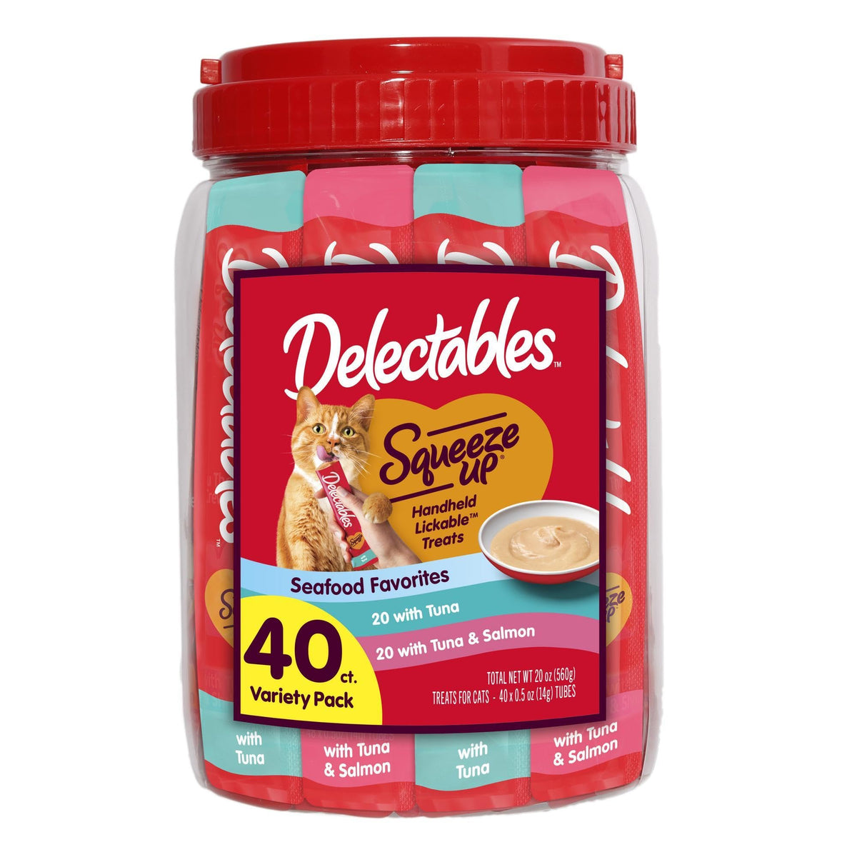 Delectables Squeeze Up sea-food variety pack with 40 tubes for interactive bonding and hydration.