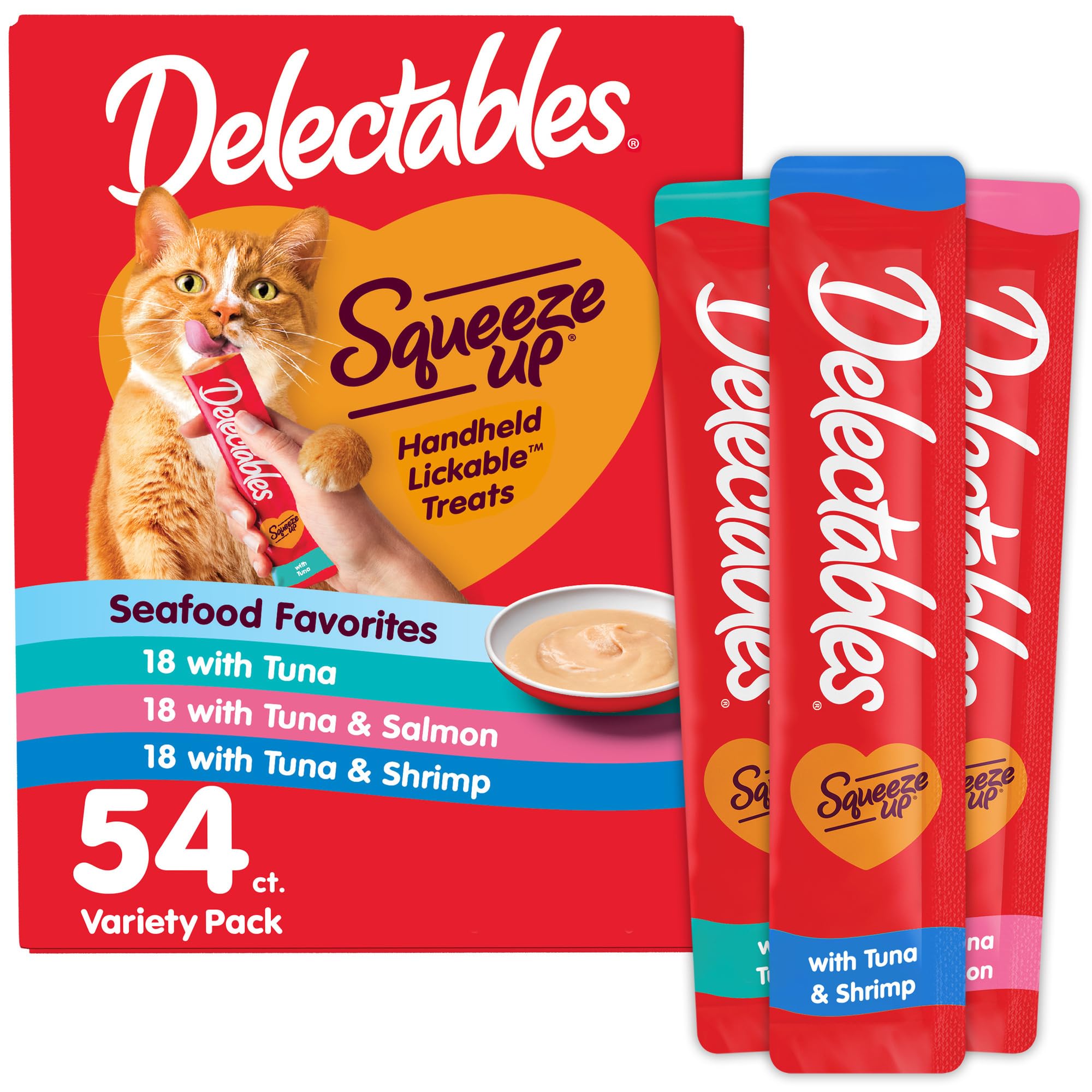 Delectables Squeeze Up seafood variety pack tubes ready for daily bonding moments.
