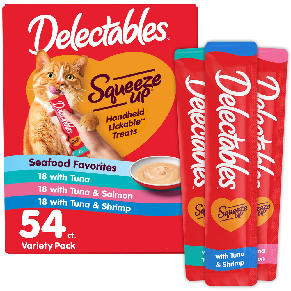 Delectables Squeeze Up seafood variety pack tubes ready for daily bonding moments.