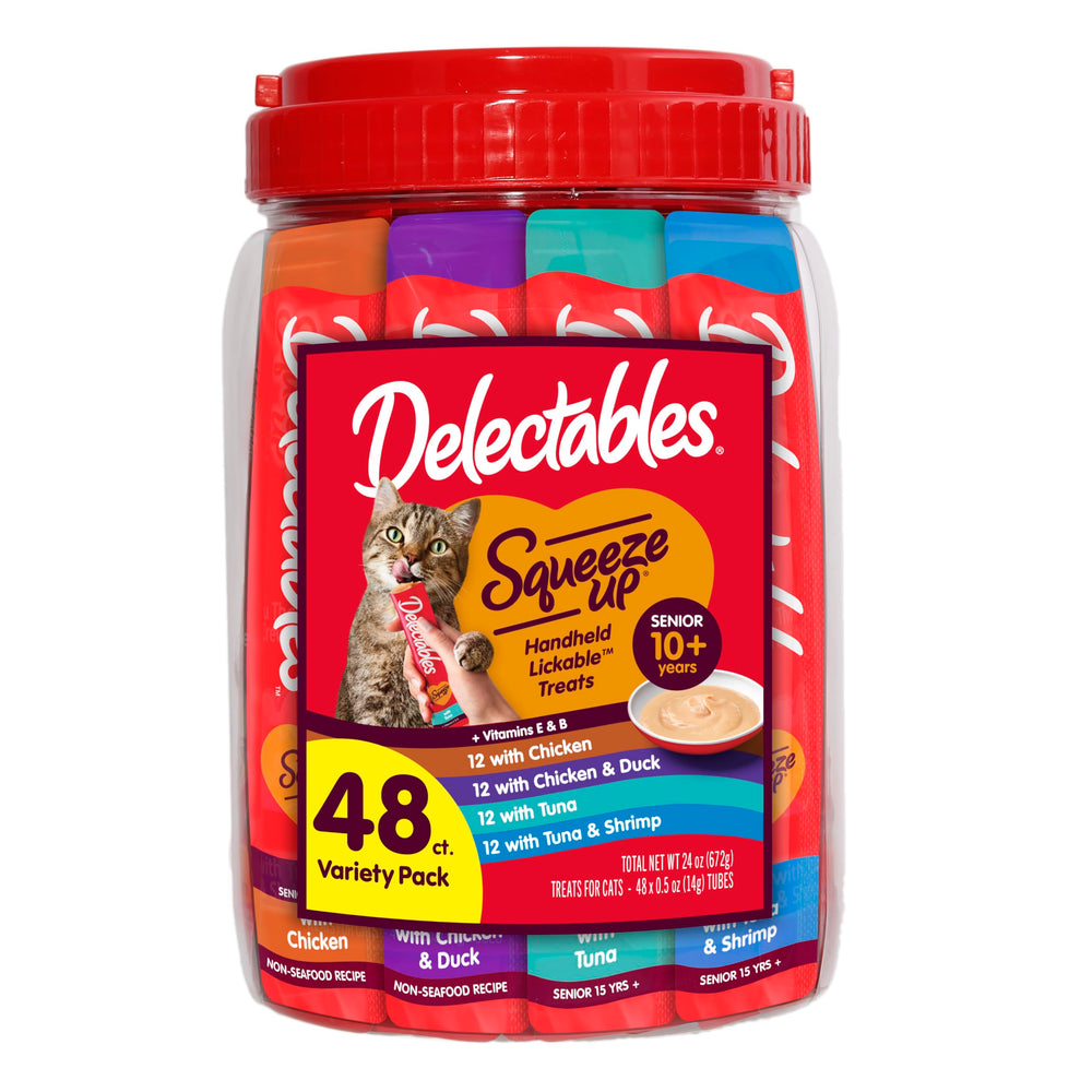 Delectables Squeeze Up senior tubes for daily bonding with a senior cat.