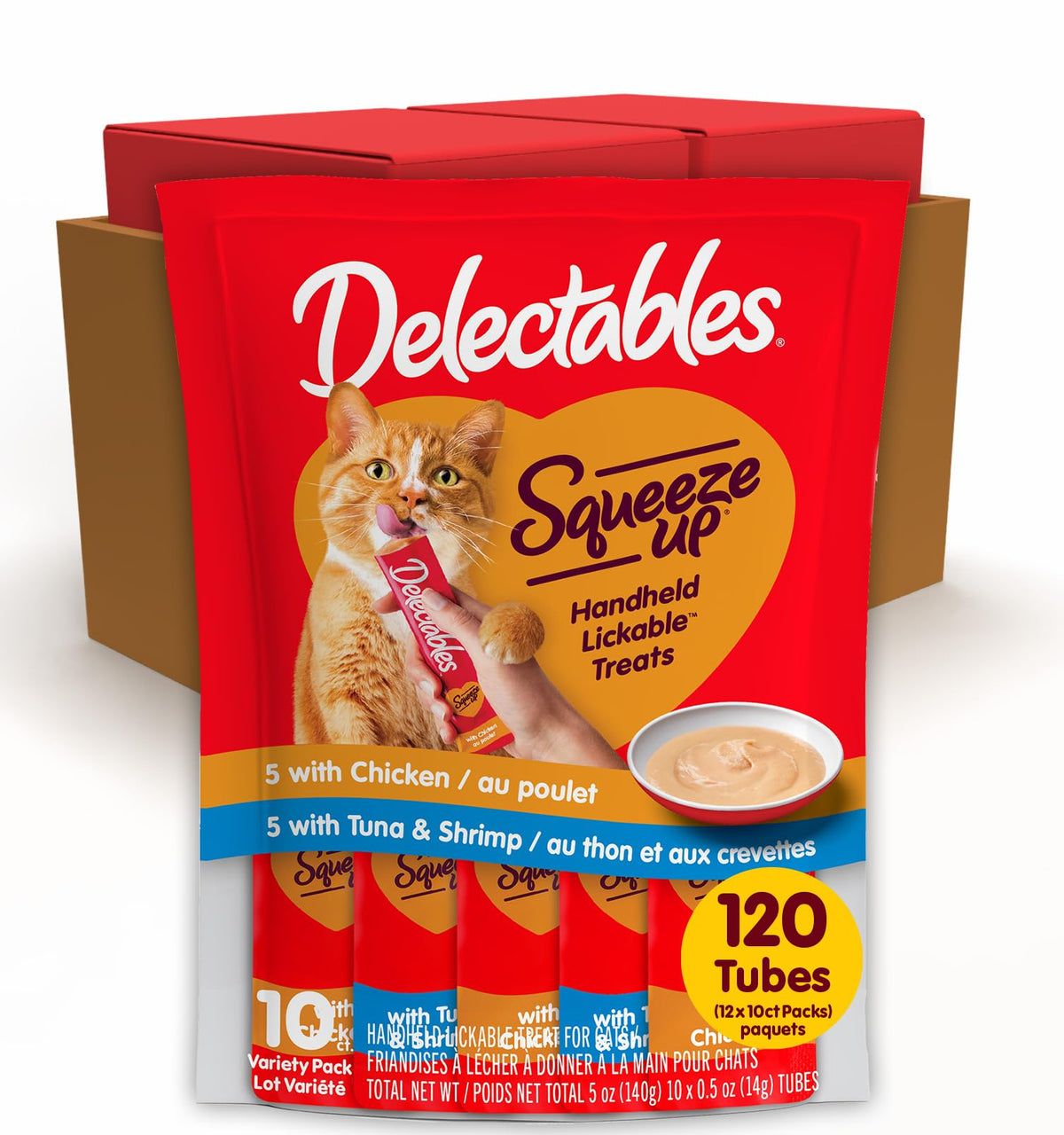 Delectables Squeeze Up handheld cat treat for convenient bonding.