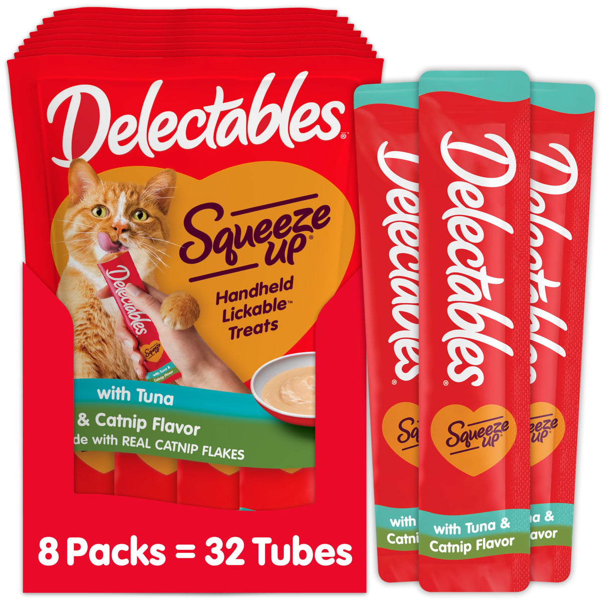 Delectables Squeeze Up tuna with catnip tube in hand for mess-free treat time