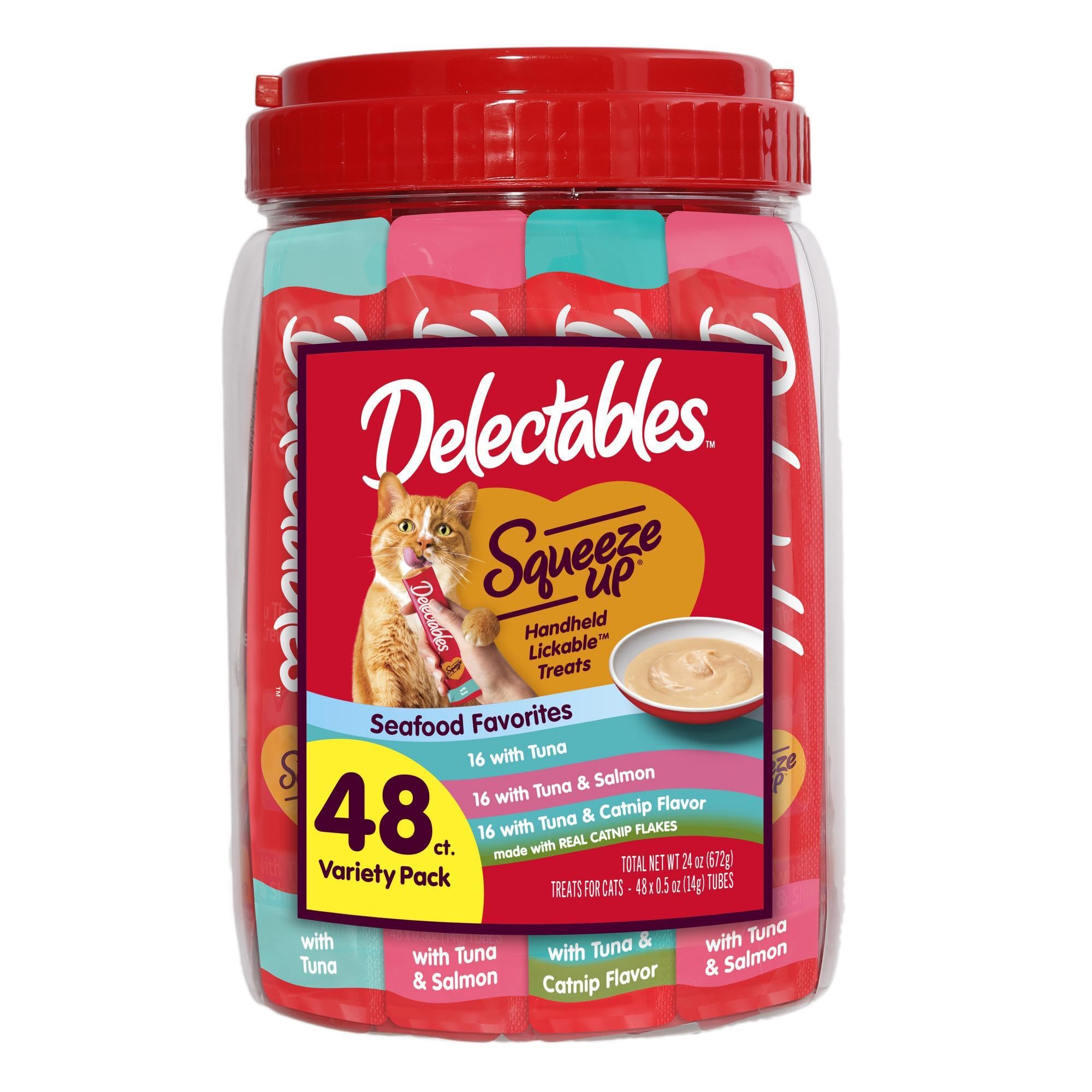 Delectables Squeeze Up tuna-salmon catnip variety tubes shown for daily lickable treats.