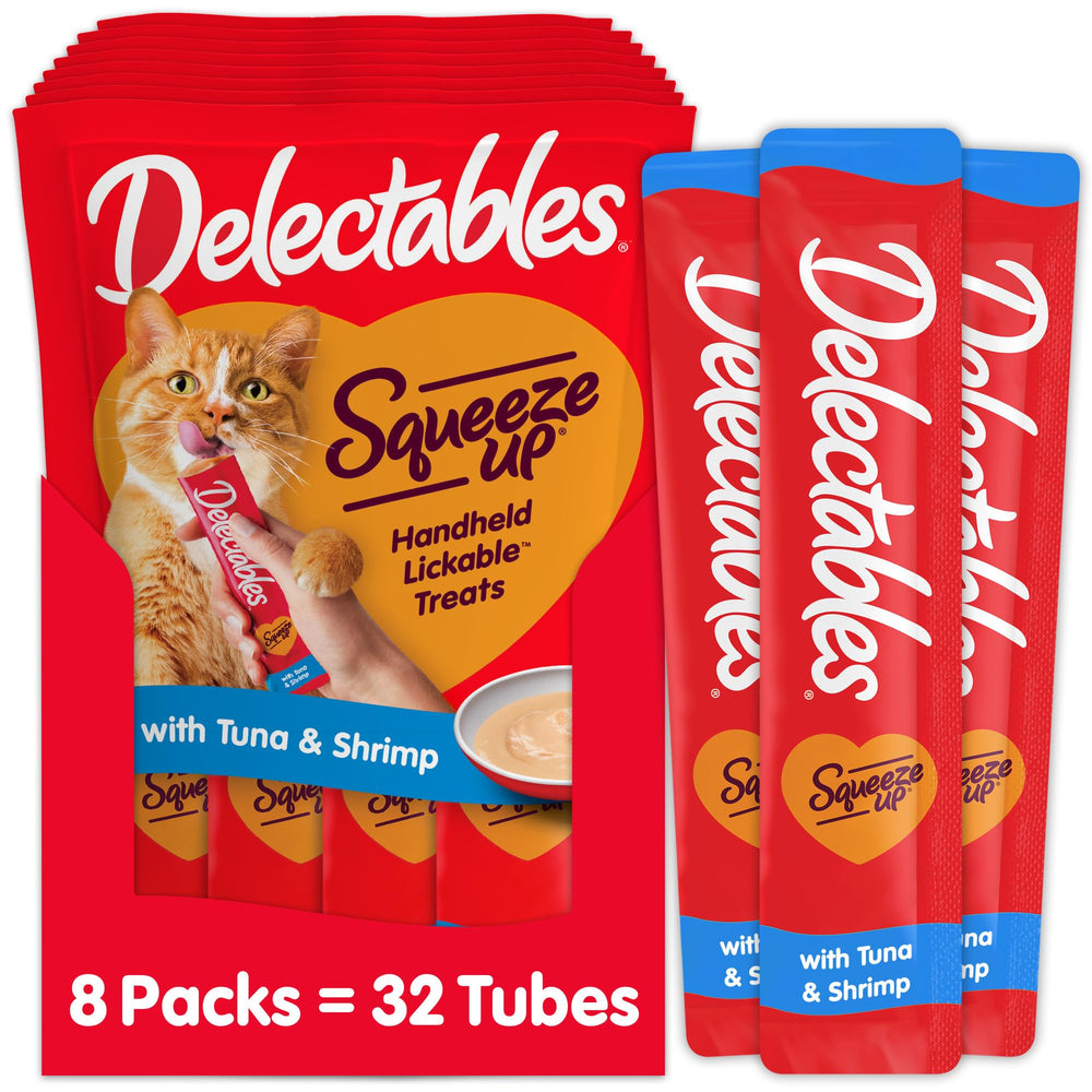 Delectables Squeeze Up tuna and shrimp tubes pack enhances daily bonding with a tasty lickable treat.