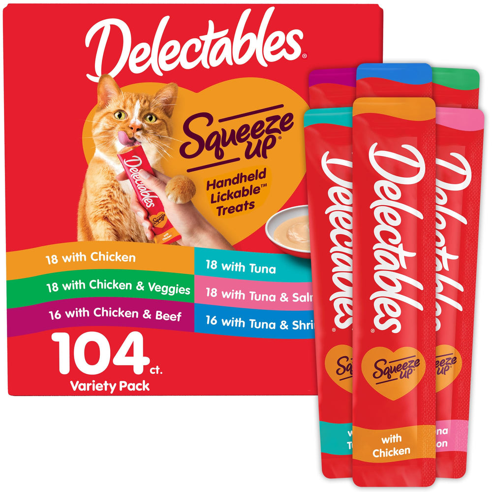 Delectables Squeeze Up variety pack with 104 tubes for daily feline rewards and bonding.