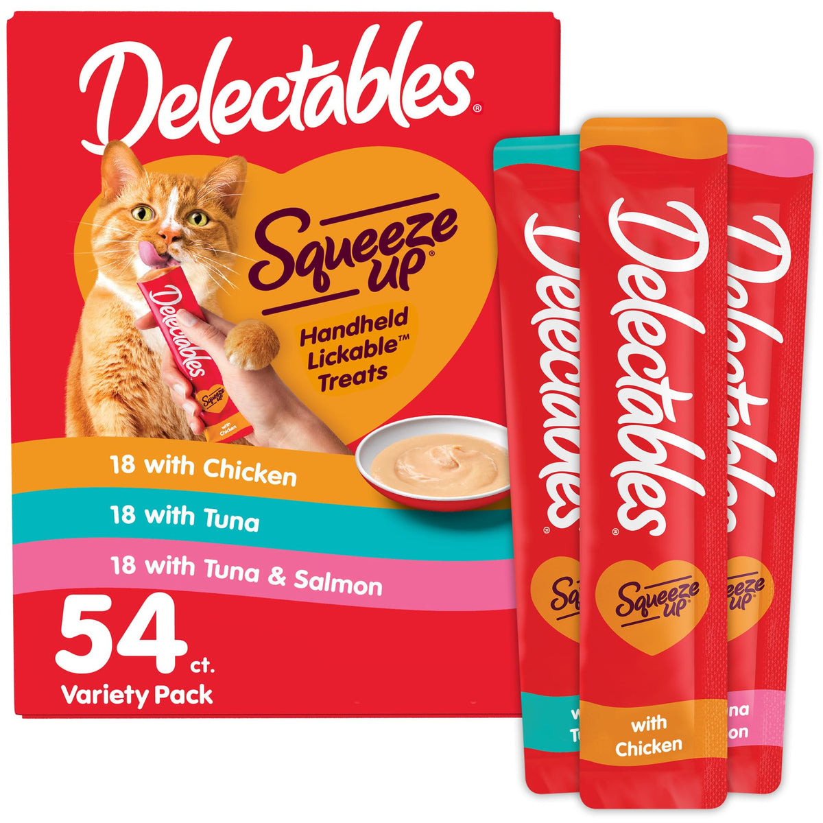Delectables Squeeze Up variety pack tubes for easy, mess-free cat treats.