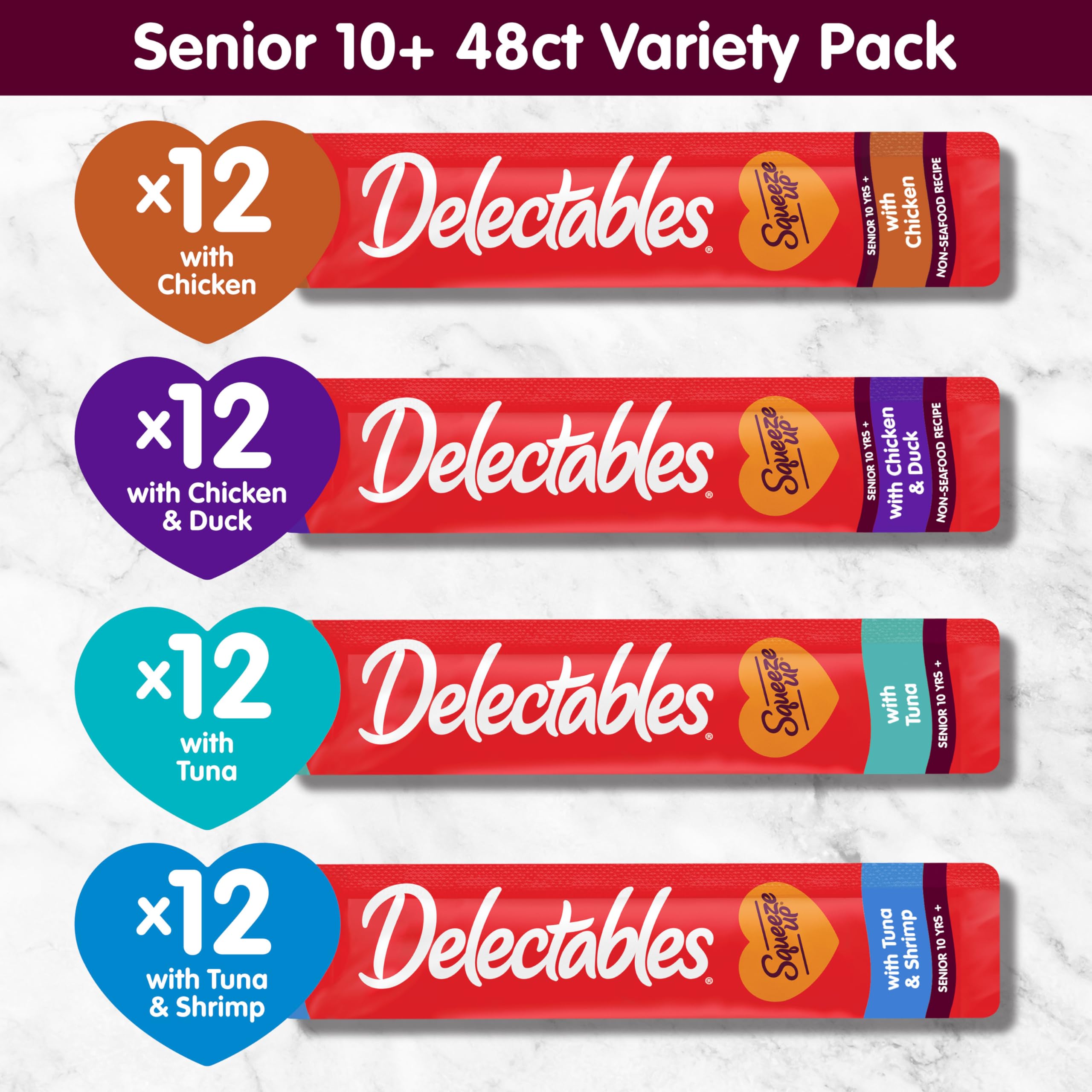 Delectables Squeeze Up with vitamin E and B boosts aging cat vitality.