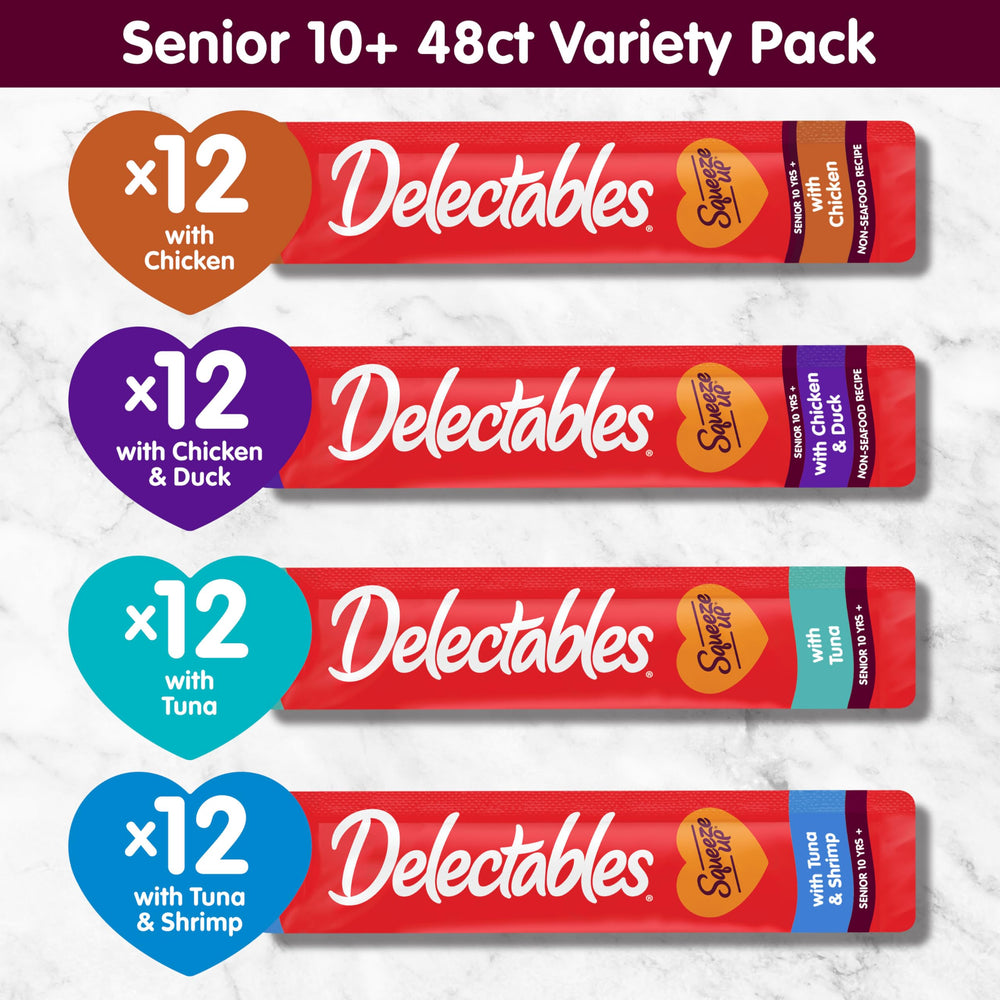 Delectables Squeeze Up with vitamin E and B boosts aging cat vitality.