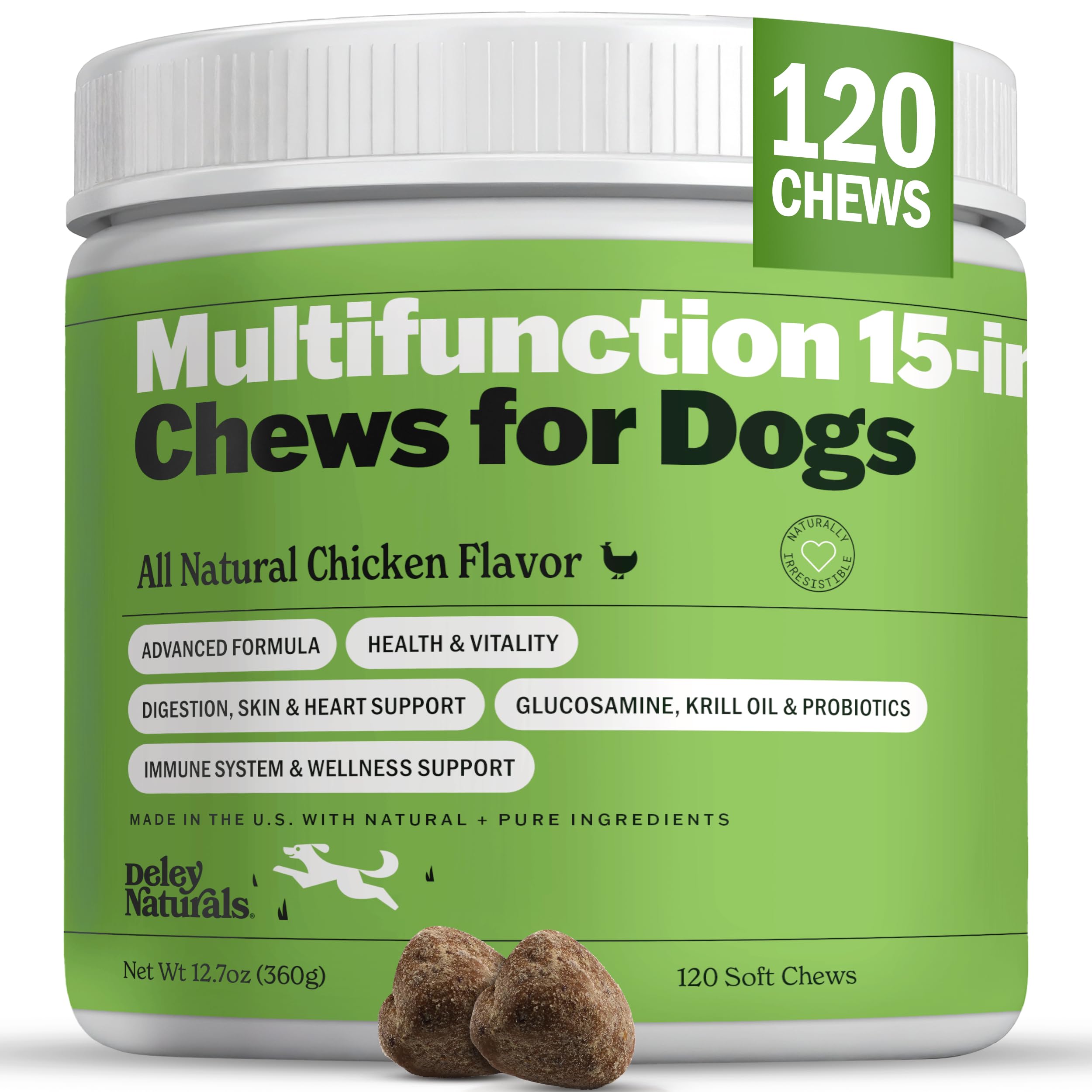 Deley Naturals 15 in 1 dog multivitamin bottle for daily wellness and easy supplementation.
